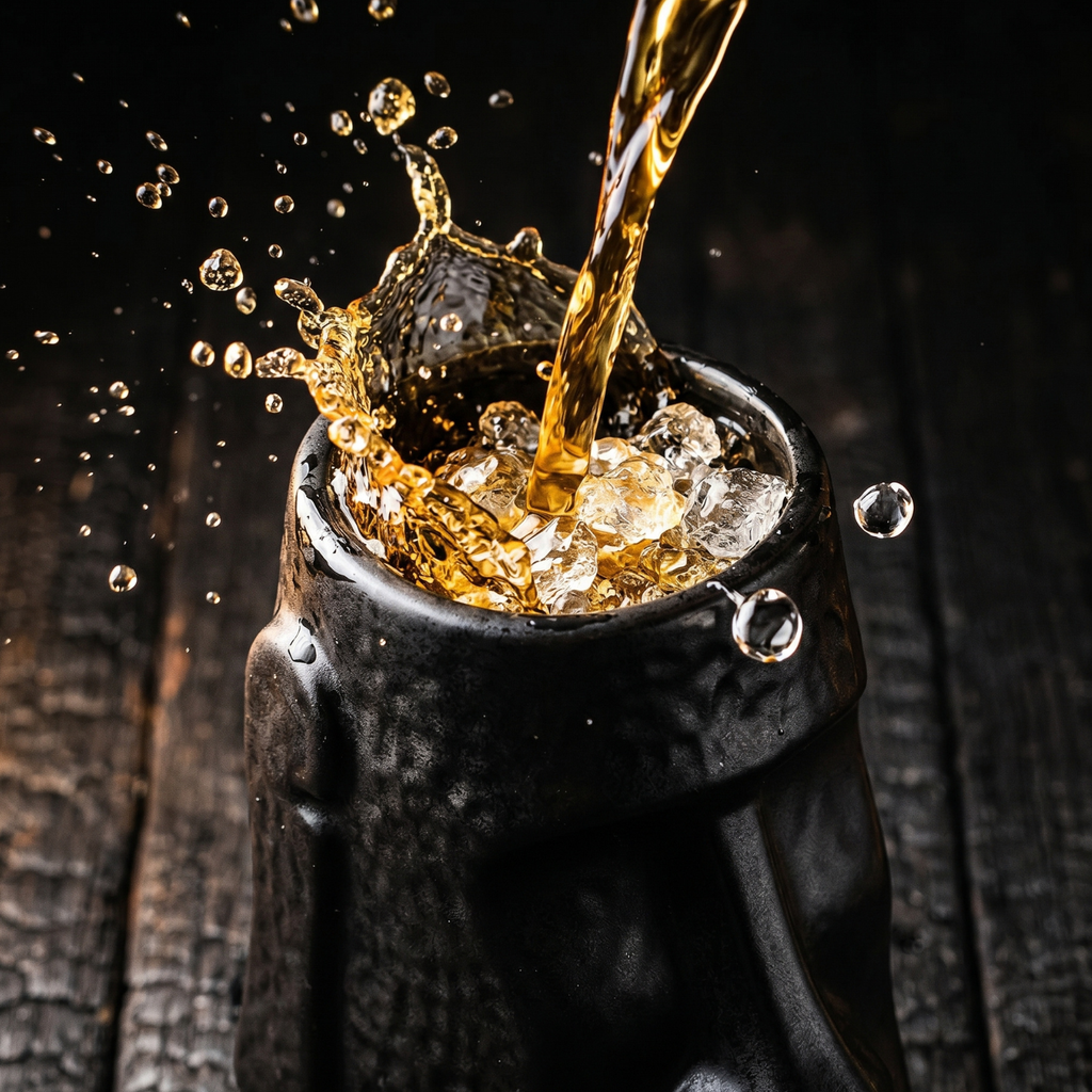 Gold liquid being poured into a black container filled with ice cubes on a dark background