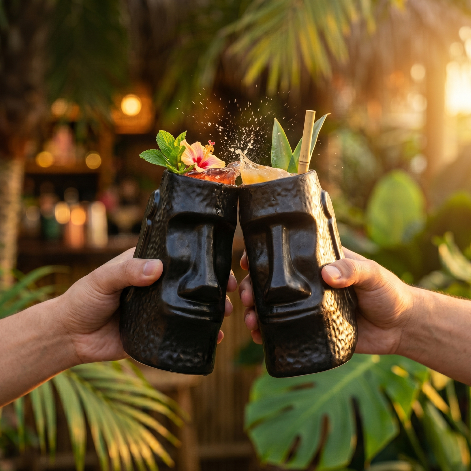 Two hands holding tiki cocktails with a tropical setting