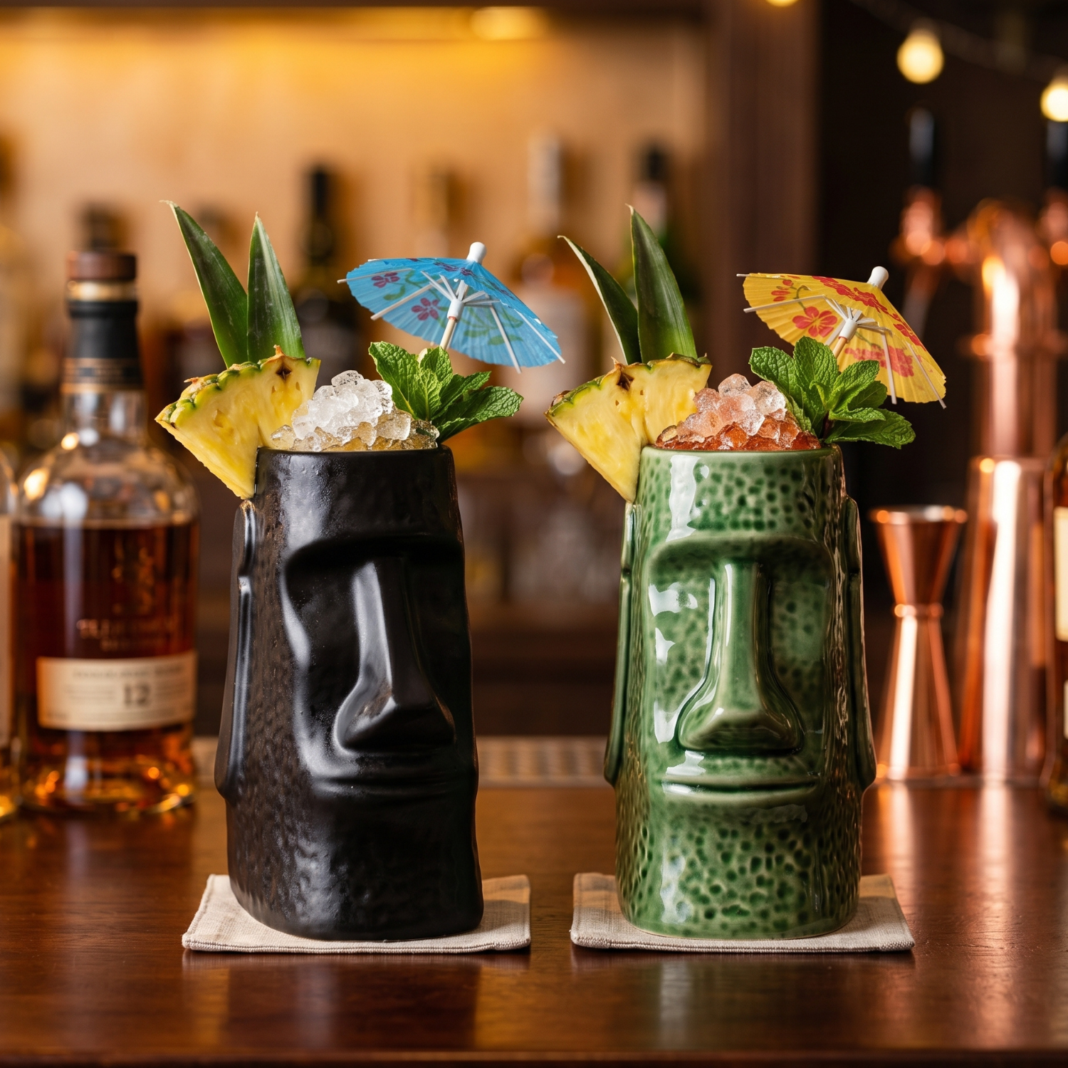 Two tiki mugs with cocktails on a bar counter, featuring pineapple slices and umbrellas.