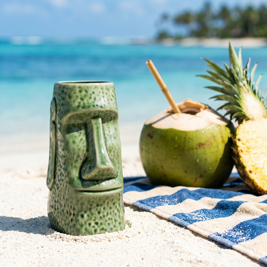 Tiki mug with coconut and pineapple on a beach