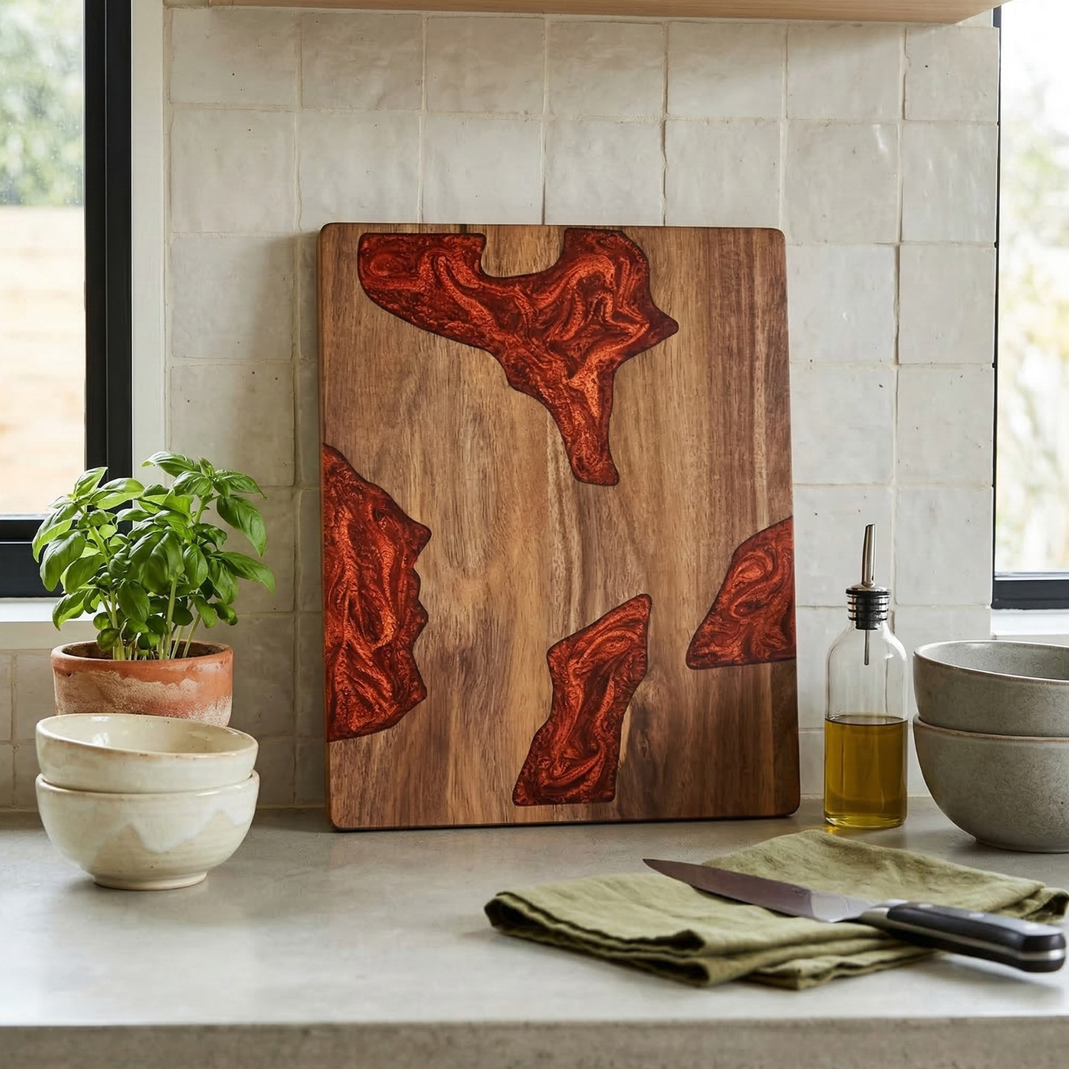 Modern Acacia Wood Resin Cutting Board – Decorative Epoxy Inlay Charcuterie & Kitchen Prep Board
