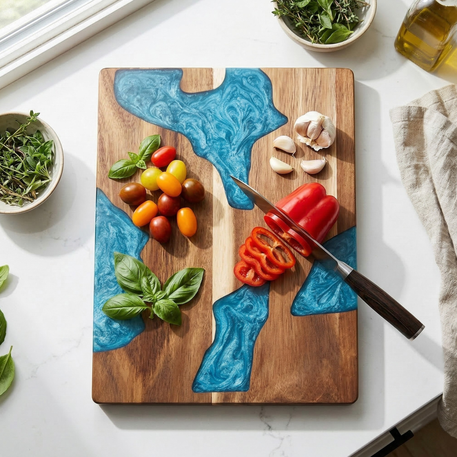 Modern Acacia Wood Resin Cutting Board – Decorative Epoxy Inlay Charcuterie & Kitchen Prep Board