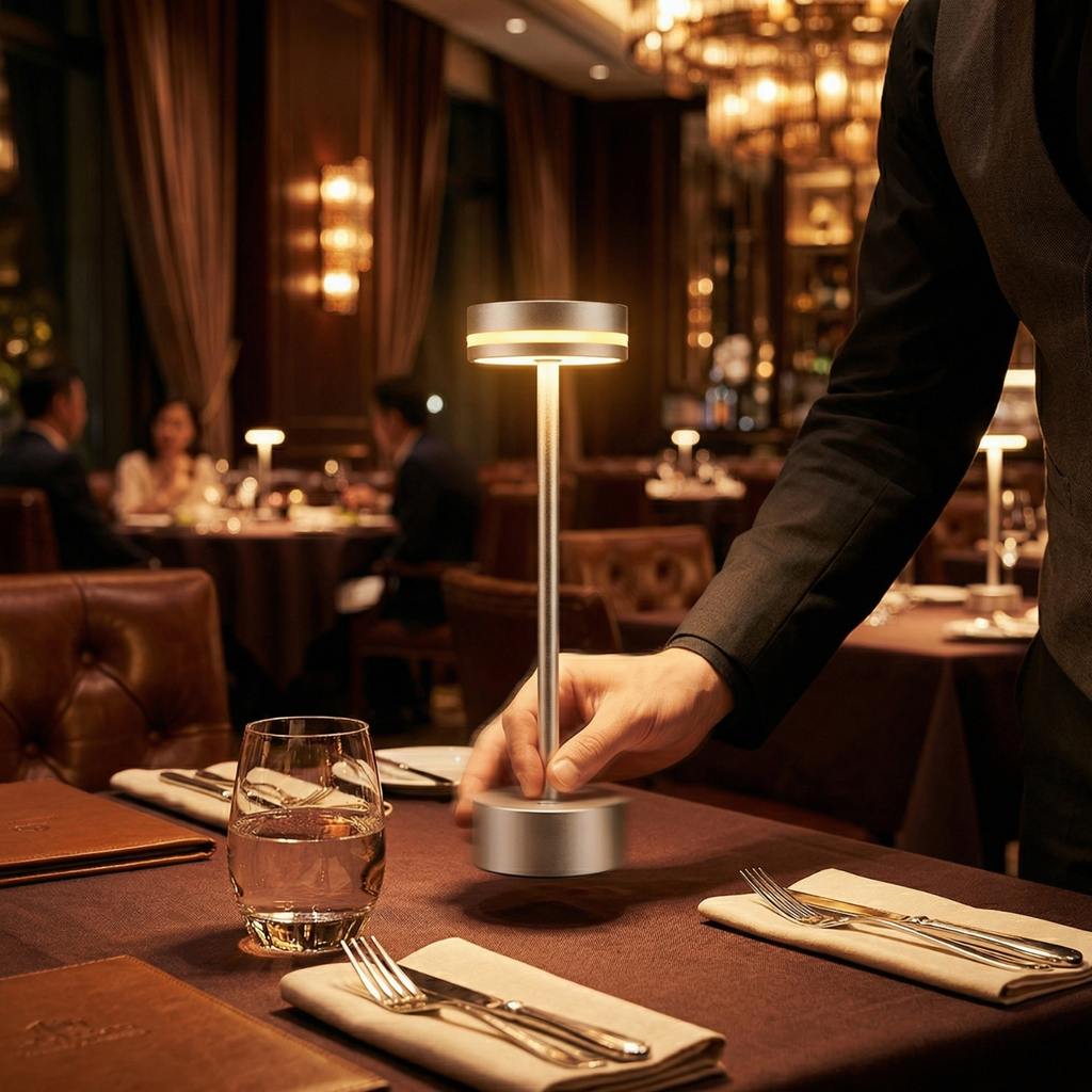 Modern cordless LED table lamp, light silver base, warm glowing circular shade