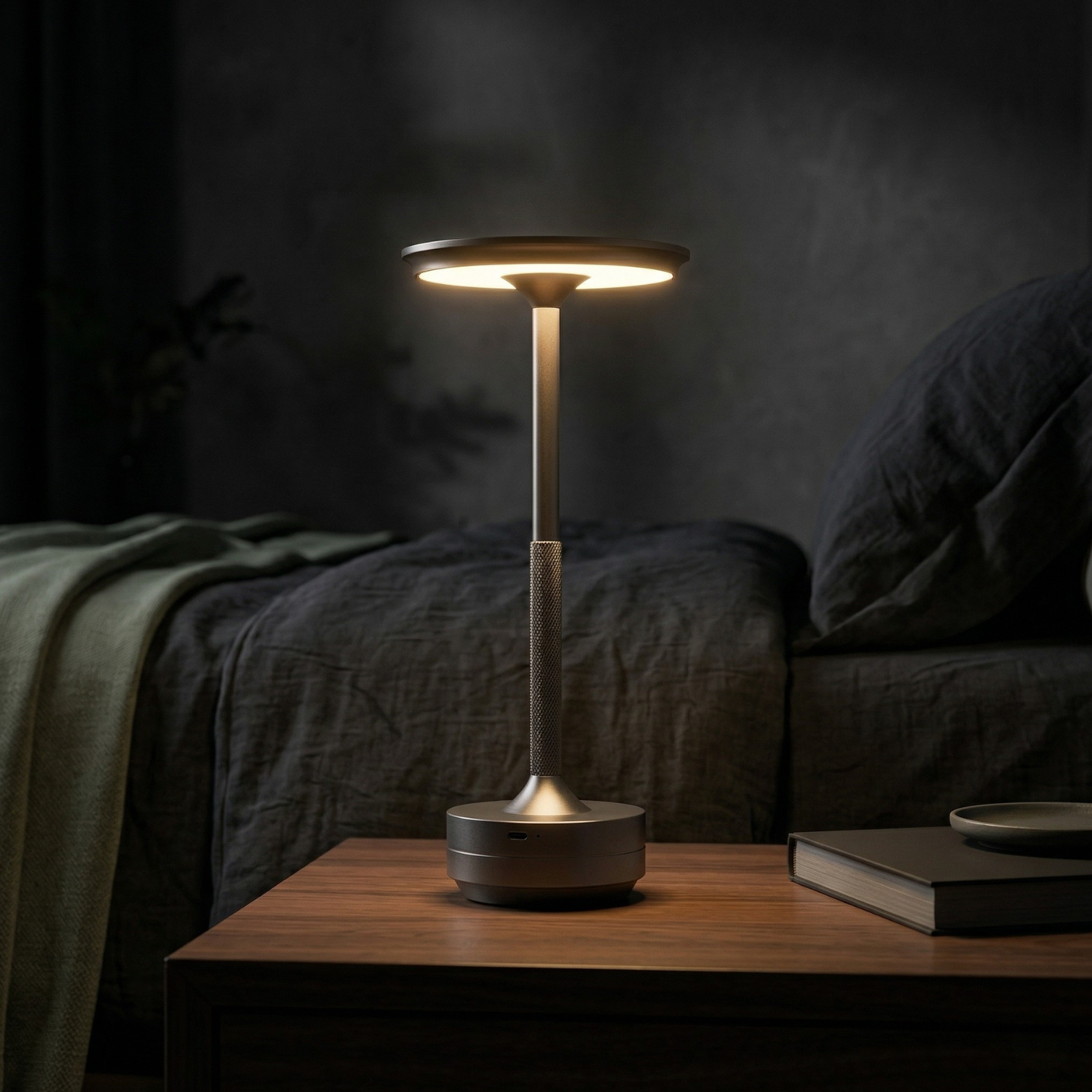 Modern Flying Saucer LED Table Lamp – Rechargeable Touch Control, 3-Color Dimmable Ambient Light (Black, Gold, Silver, Gun Gray)