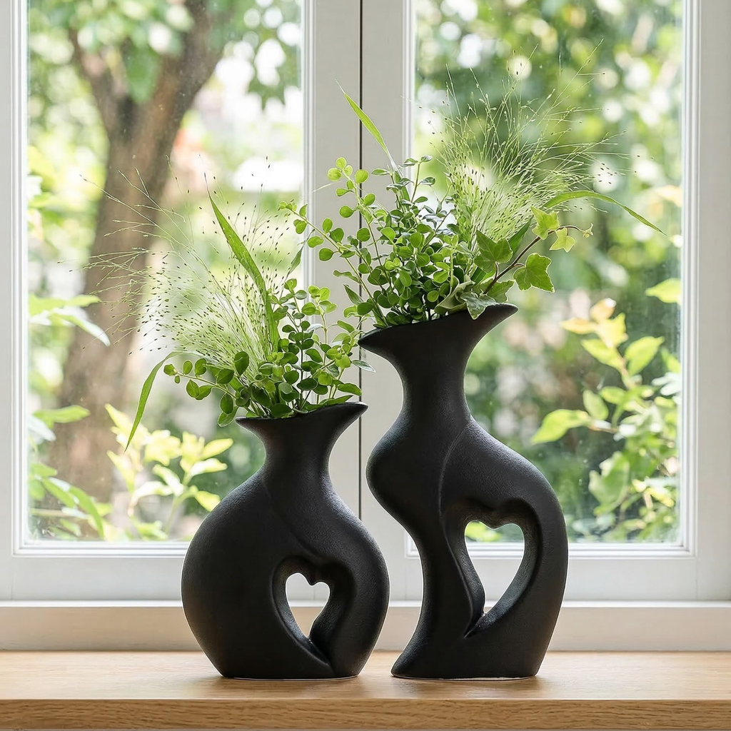 Modern Heart-Shaped Ceramic Vase Set – Minimalist European Decor for Living Room & Desktop (Obsidian, Ivory, Sandstone)