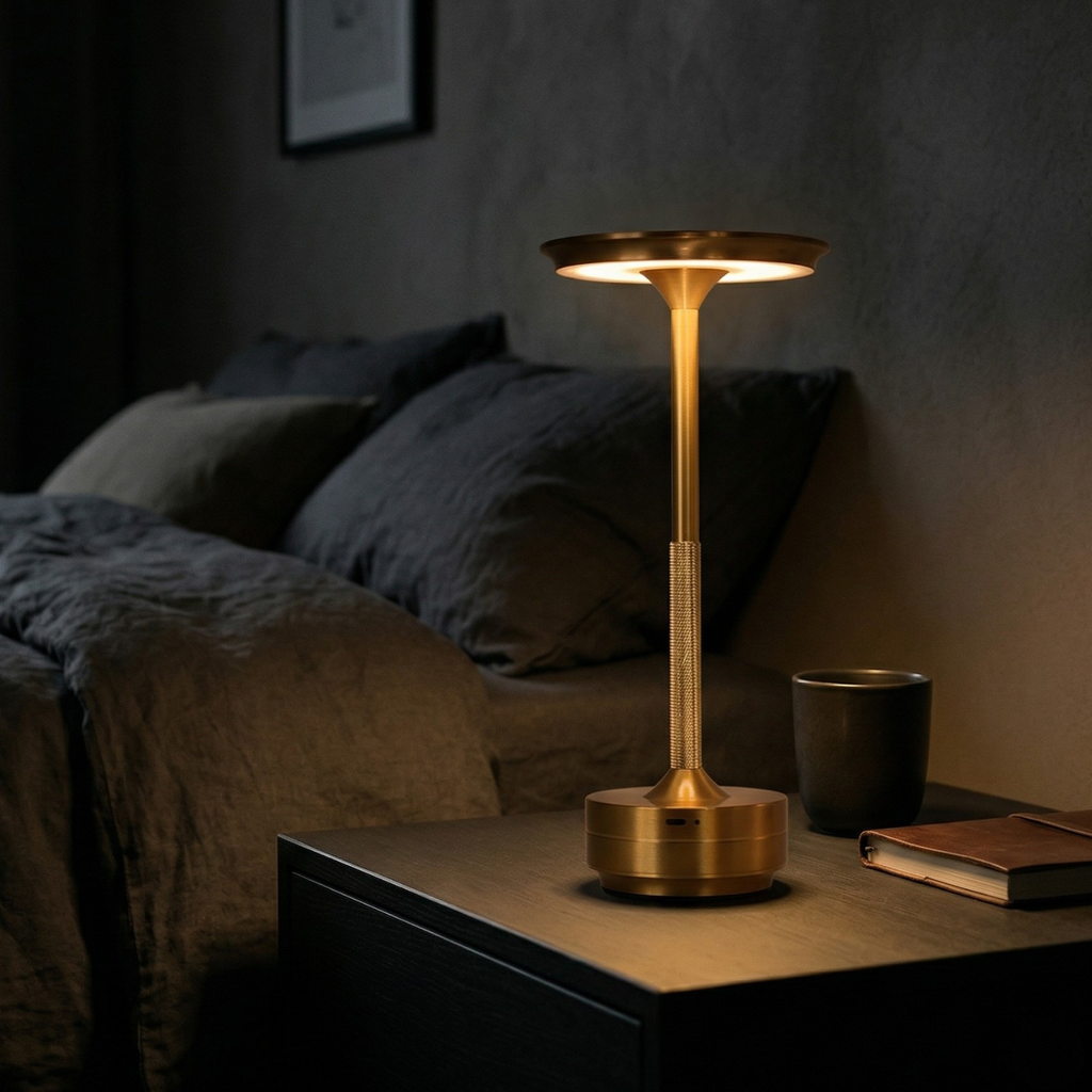 Gold flying saucer LED table lamp with warm glow on round base