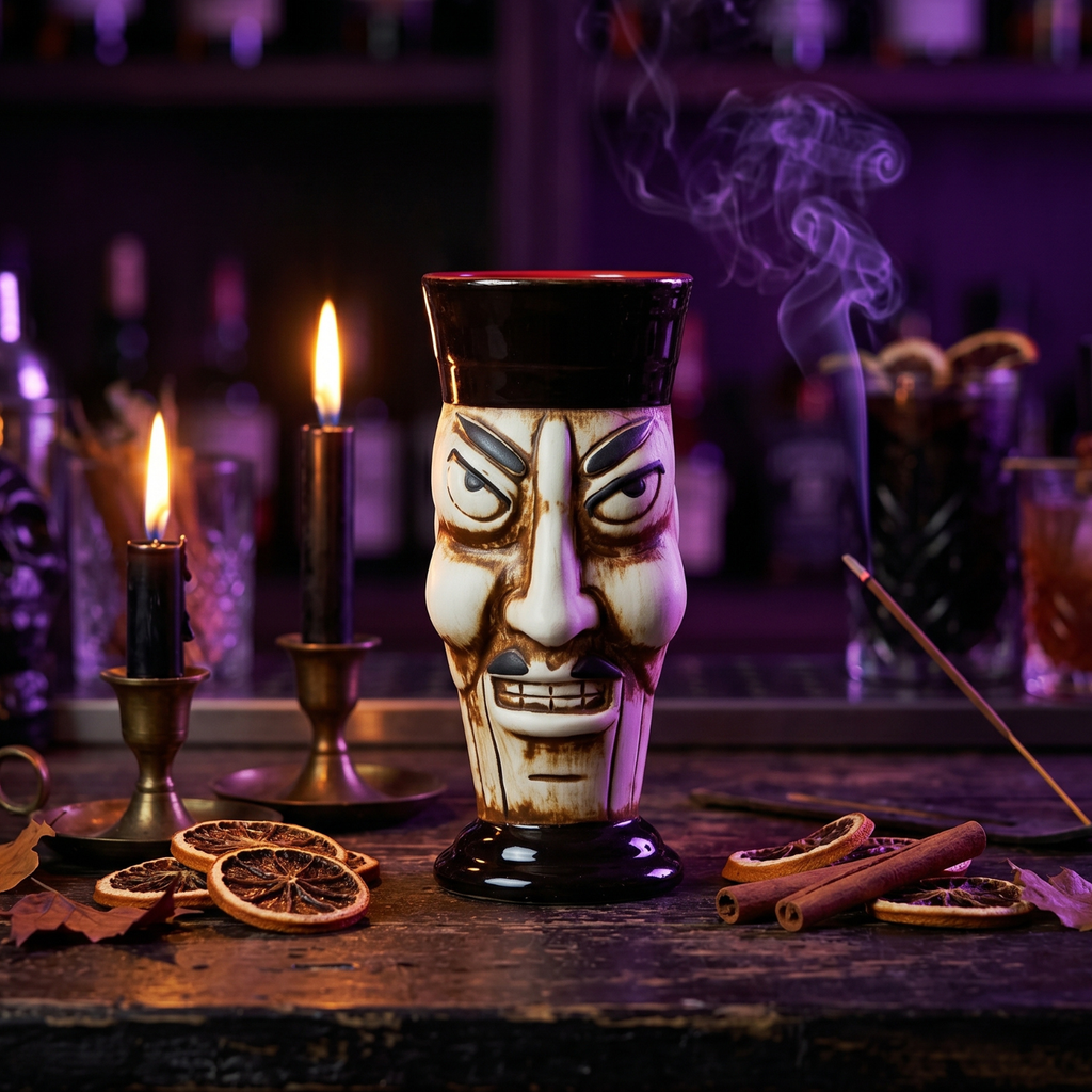 Decorative mug with face design on a bar with candles and incense