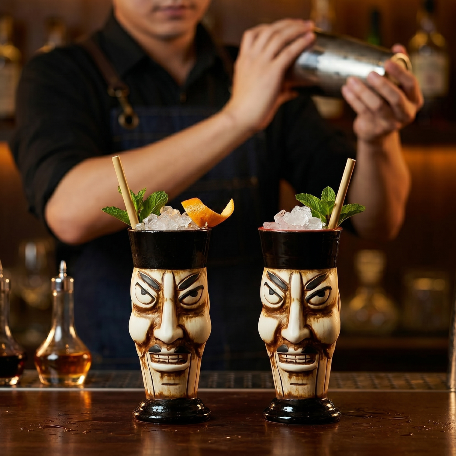 Two face-shaped cocktail glasses with a bartender preparing drinks in the background.