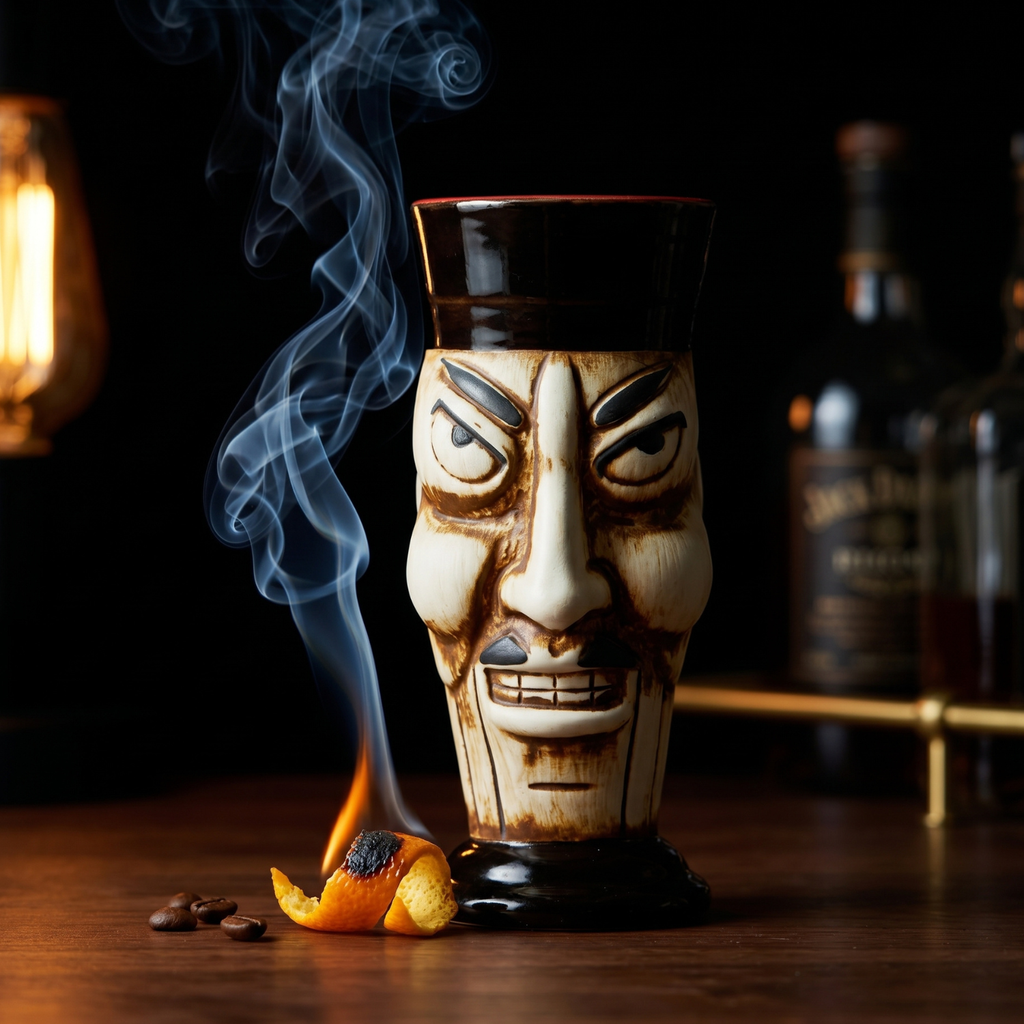 Tiki mug with face design on a wooden surface with smoke and bottles in the background