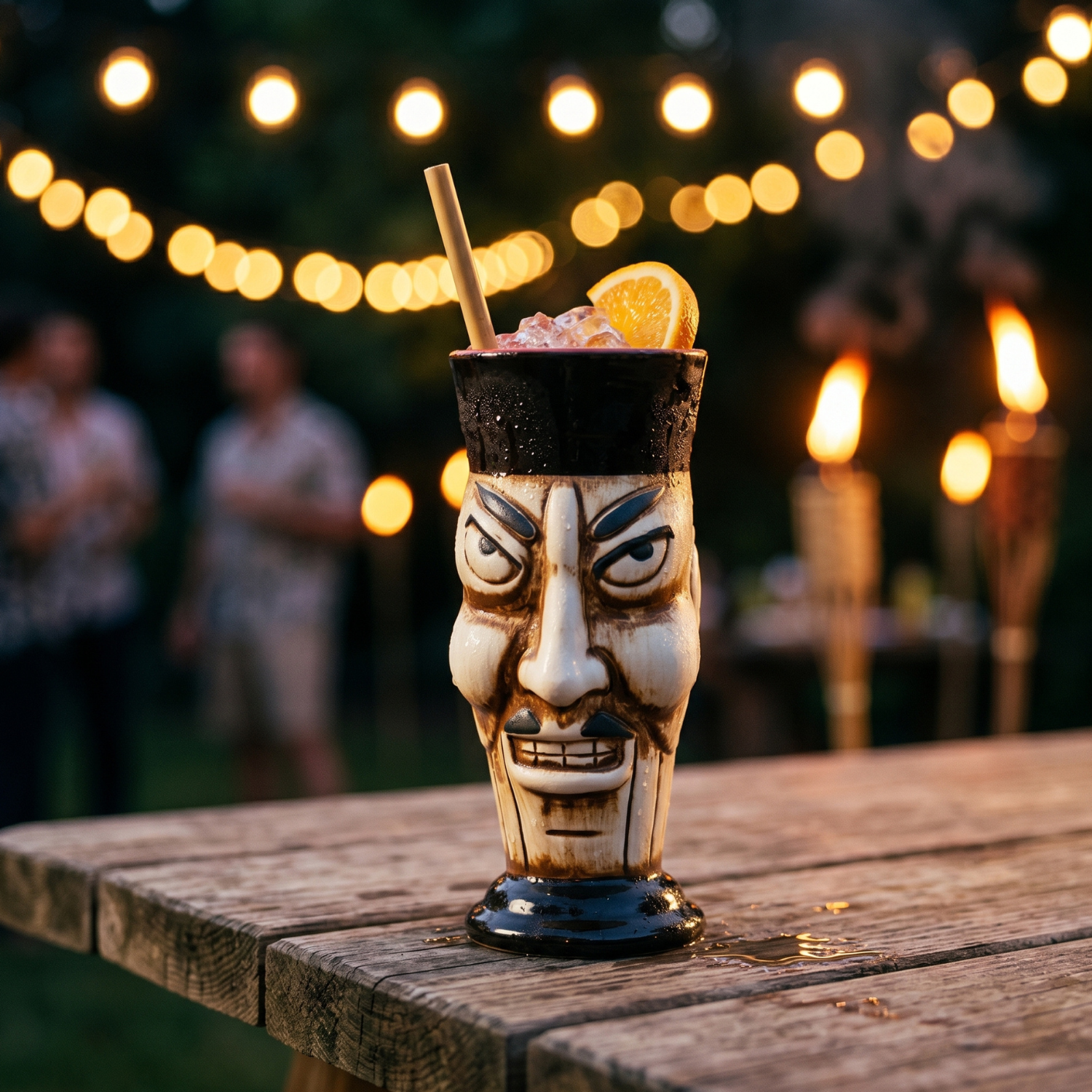 Tiki mug with a face design on a wooden table with blurred lights in the background