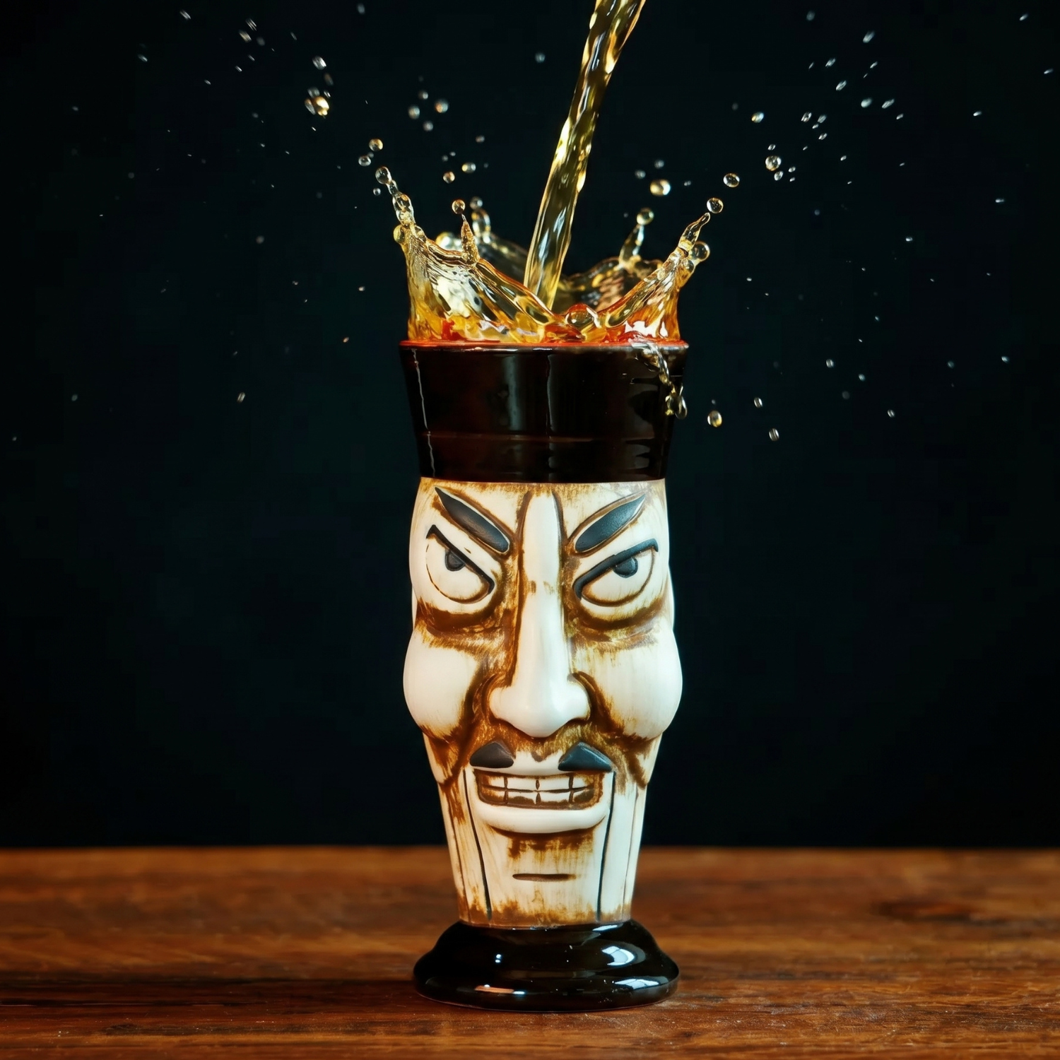 Ceramic mug shaped like a face with a crown being filled with liquid on a wooden surface.