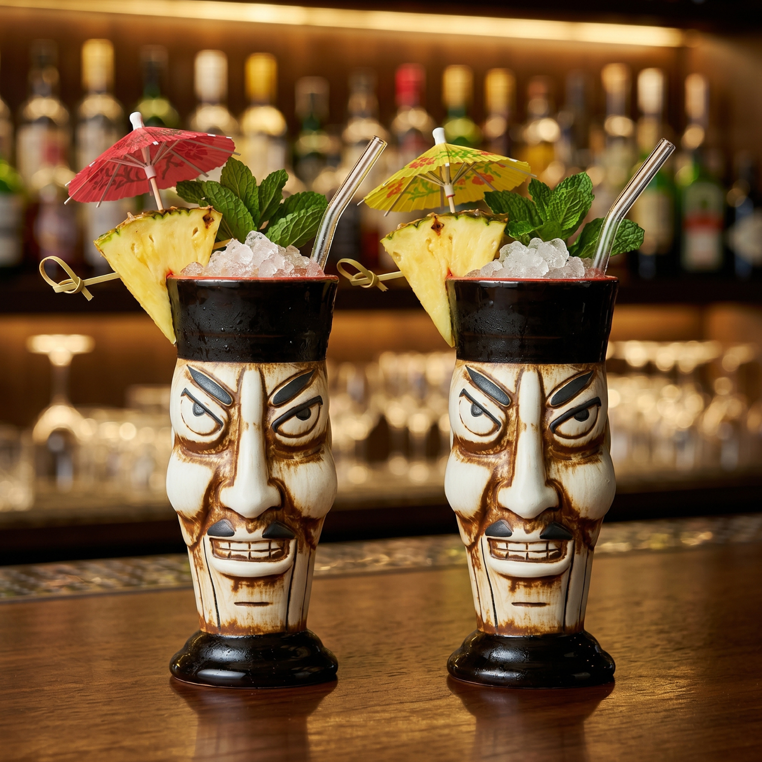 Two tiki-themed cocktails with face designs on a bar counter.