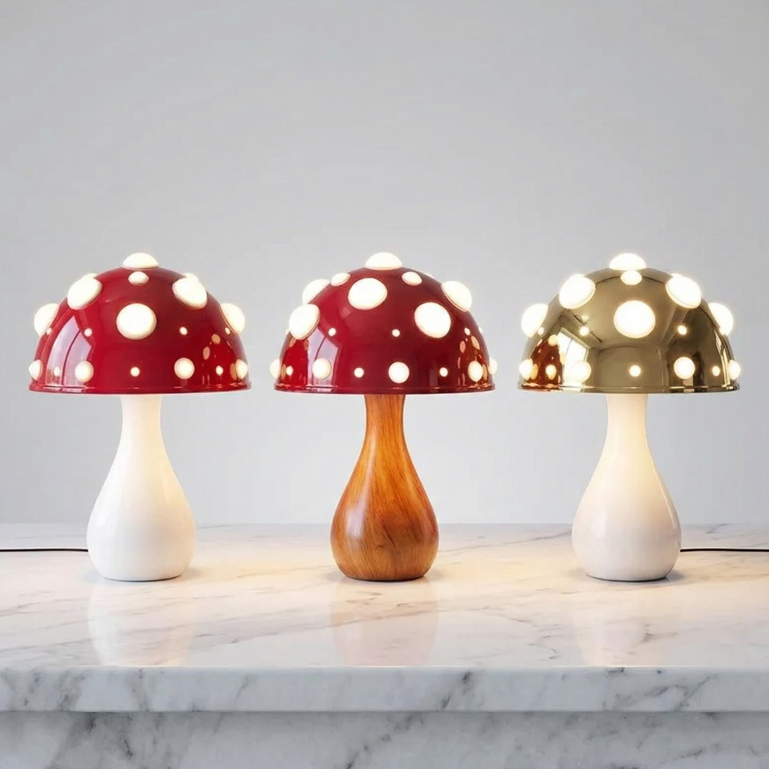 Mushroom Table Lamp | Dimmable LED Night Light | Red White Gold Wood Base | Bedroom Dorm Cottagecore Aesthetic Decor | USB or Plug In