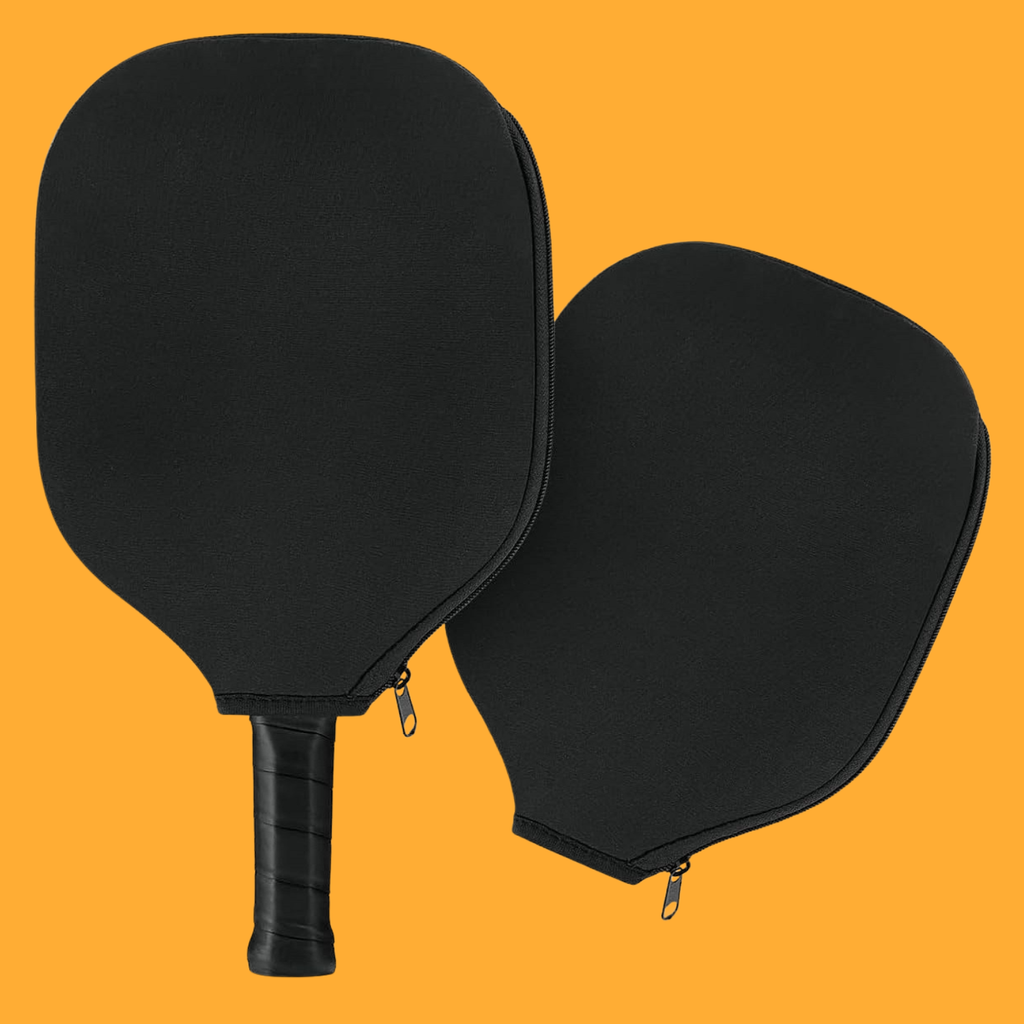 Black neoprene pickleball paddle cover, zippered waterproof sleeve, universal fit