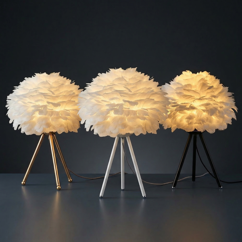 Nordic feather table lamp with fluffy feather shade on tripod base, warm LED glow