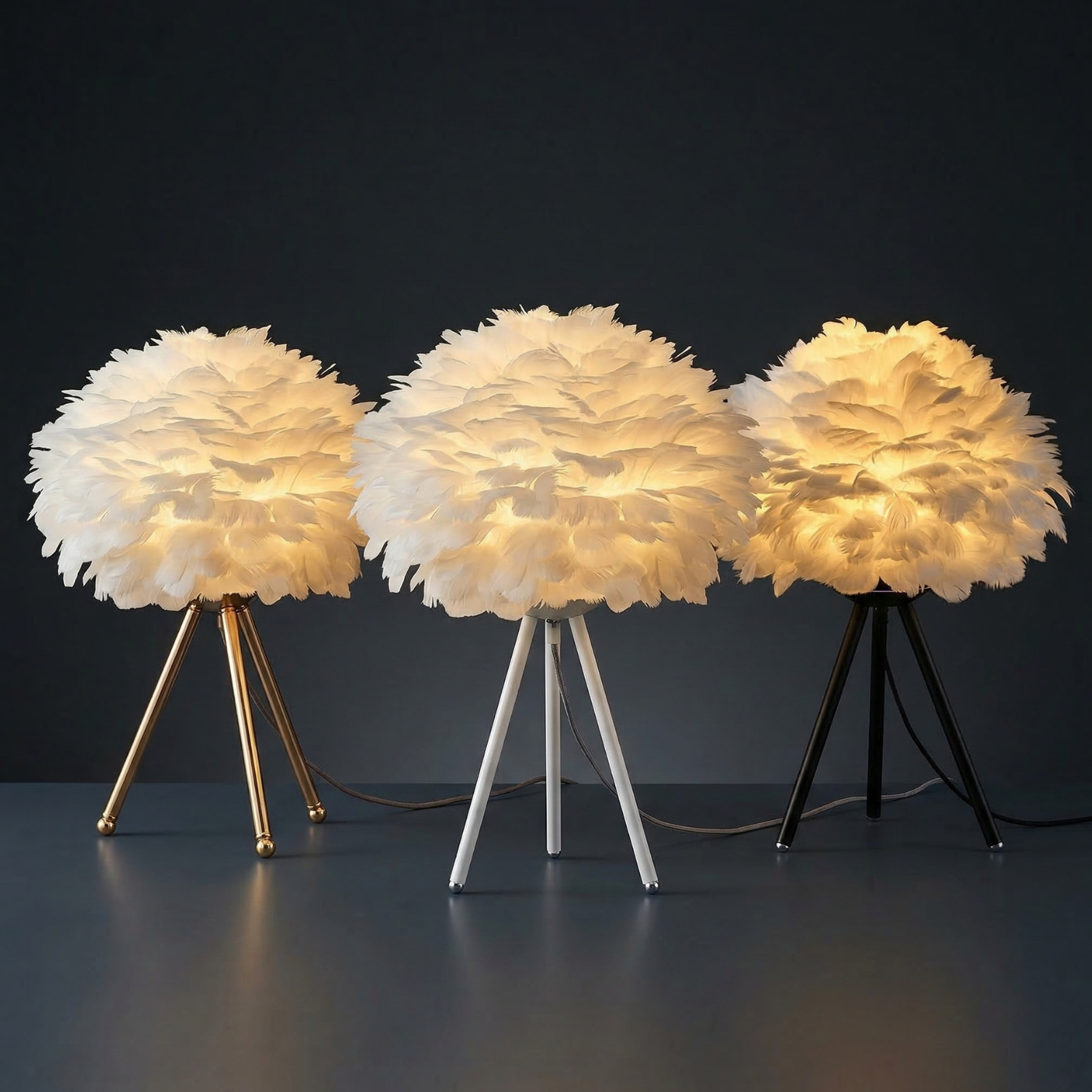 Nordic Feather Table Lamp | Boho LED Night Light | Tripod Bedside Lamp | Gold / White / Black Base | US Plug