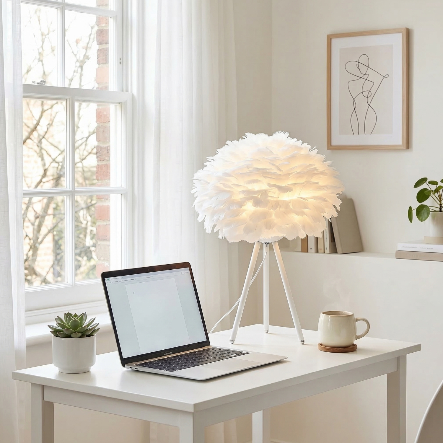 Nordic Feather Table Lamp | Boho LED Night Light | Tripod Bedside Lamp | Gold / White / Black Base | US Plug