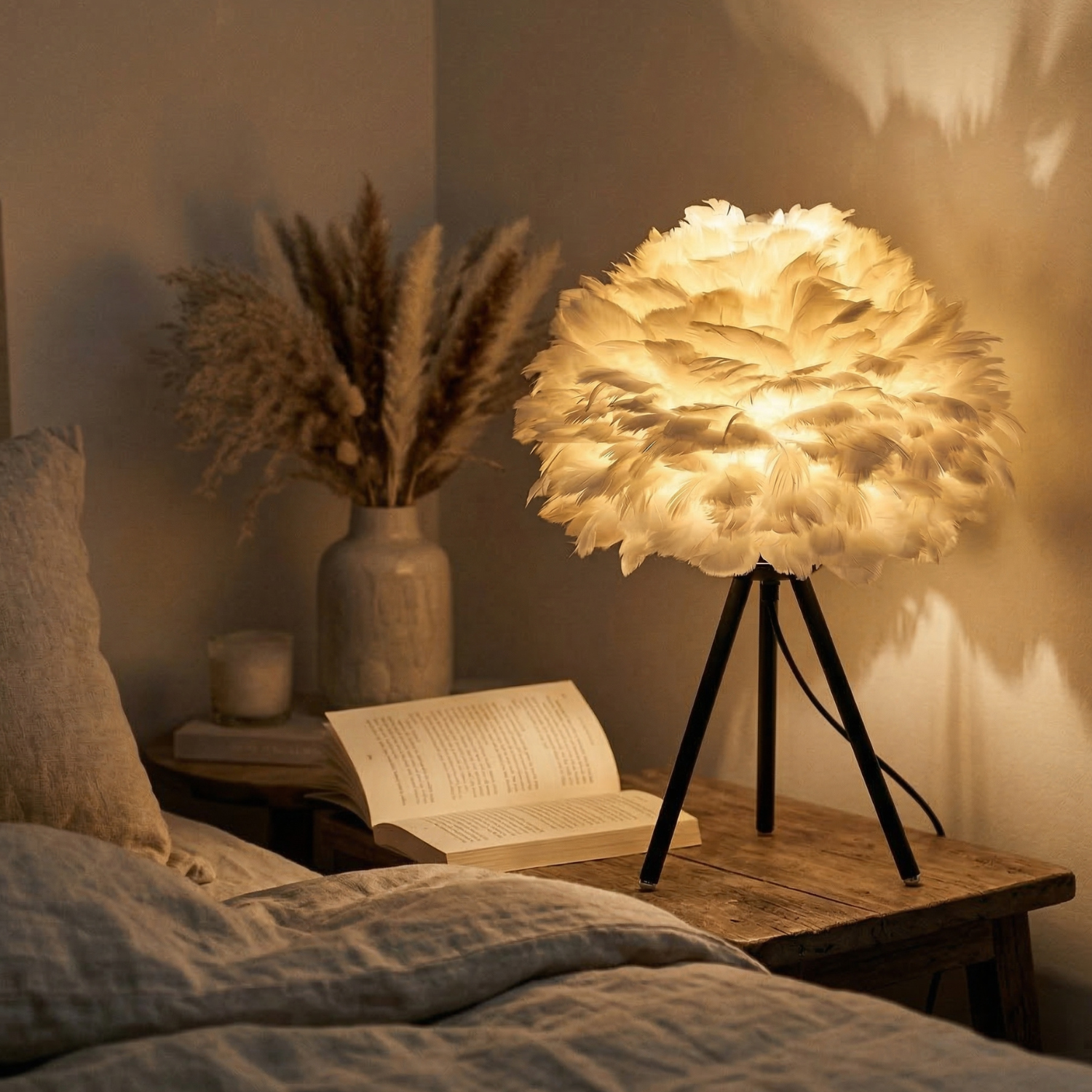 Nordic Feather Table Lamp | Boho LED Night Light | Tripod Bedside Lamp | Gold / White / Black Base | US Plug