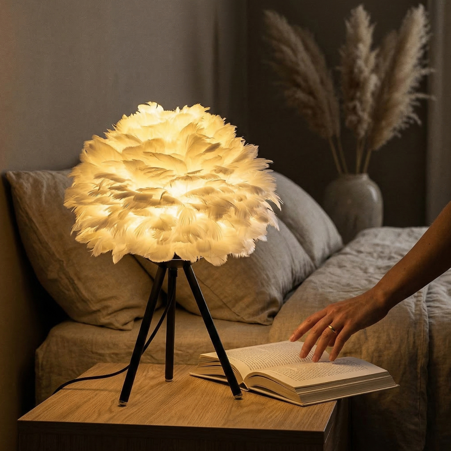 Nordic Feather Table Lamp | Boho LED Night Light | Tripod Bedside Lamp | Gold / White / Black Base | US Plug