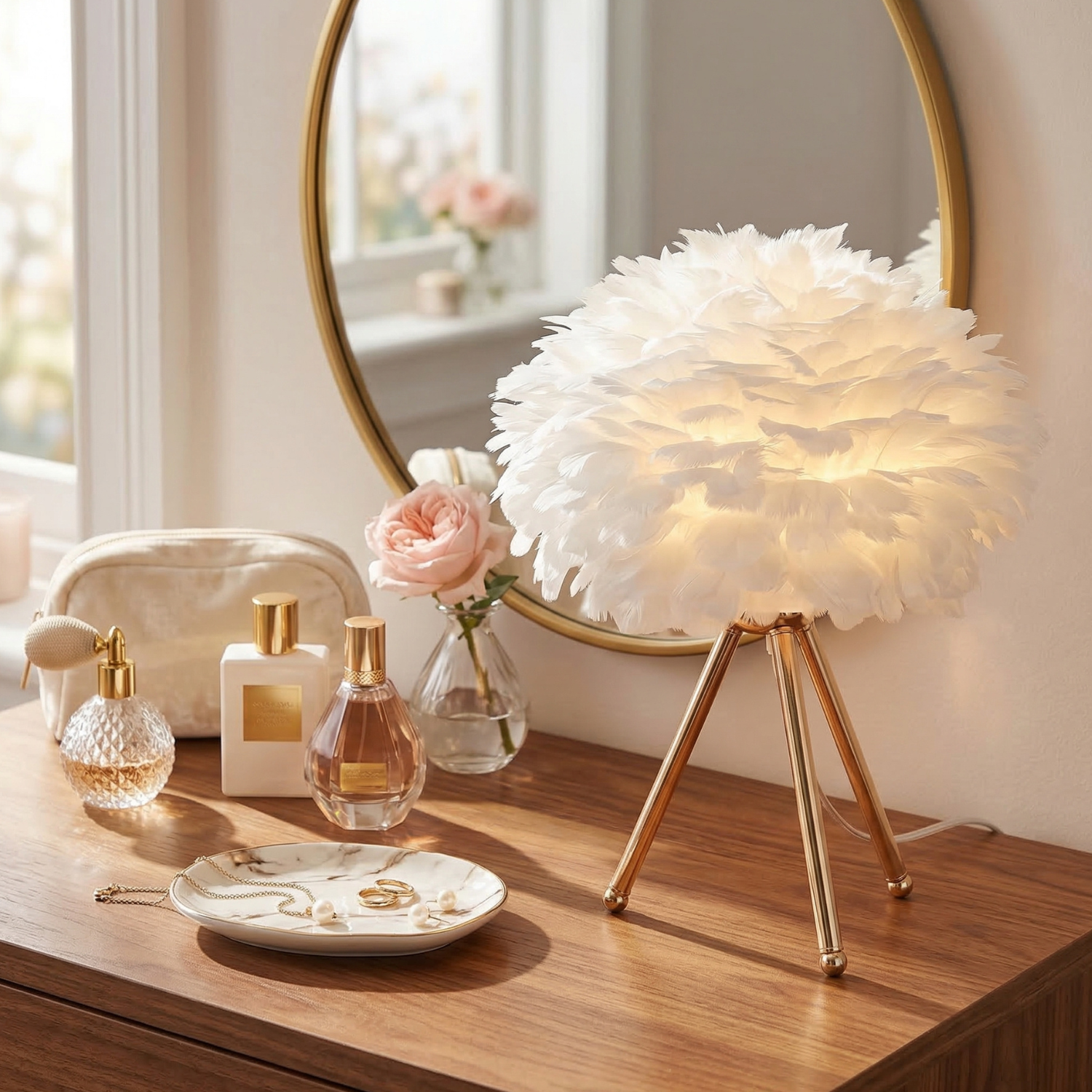 Nordic Feather Table Lamp | Boho LED Night Light | Tripod Bedside Lamp | Gold / White / Black Base | US Plug