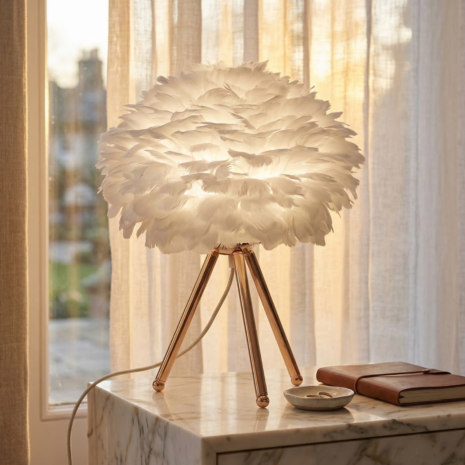 Nordic Feather Table Lamp | Boho LED Night Light | Tripod Bedside Lamp | Gold / White / Black Base | US Plug