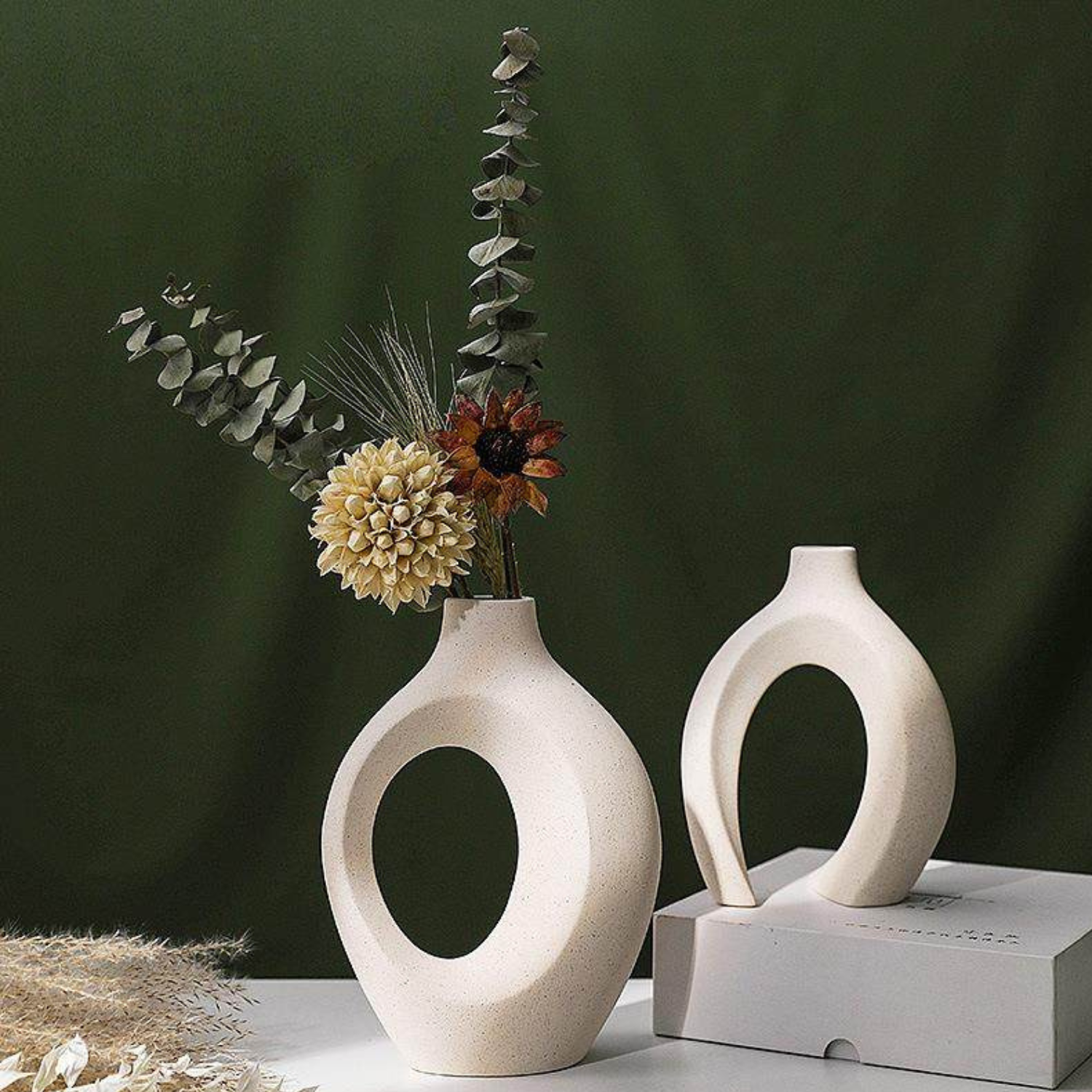 Nordic Interlocking Hollow Vase Set of 2 | Minimalist Scandinavian Home Decor | Modern Boho Aesthetic Resin Vase for Flowers, Pampas Grass & Shelf Styling