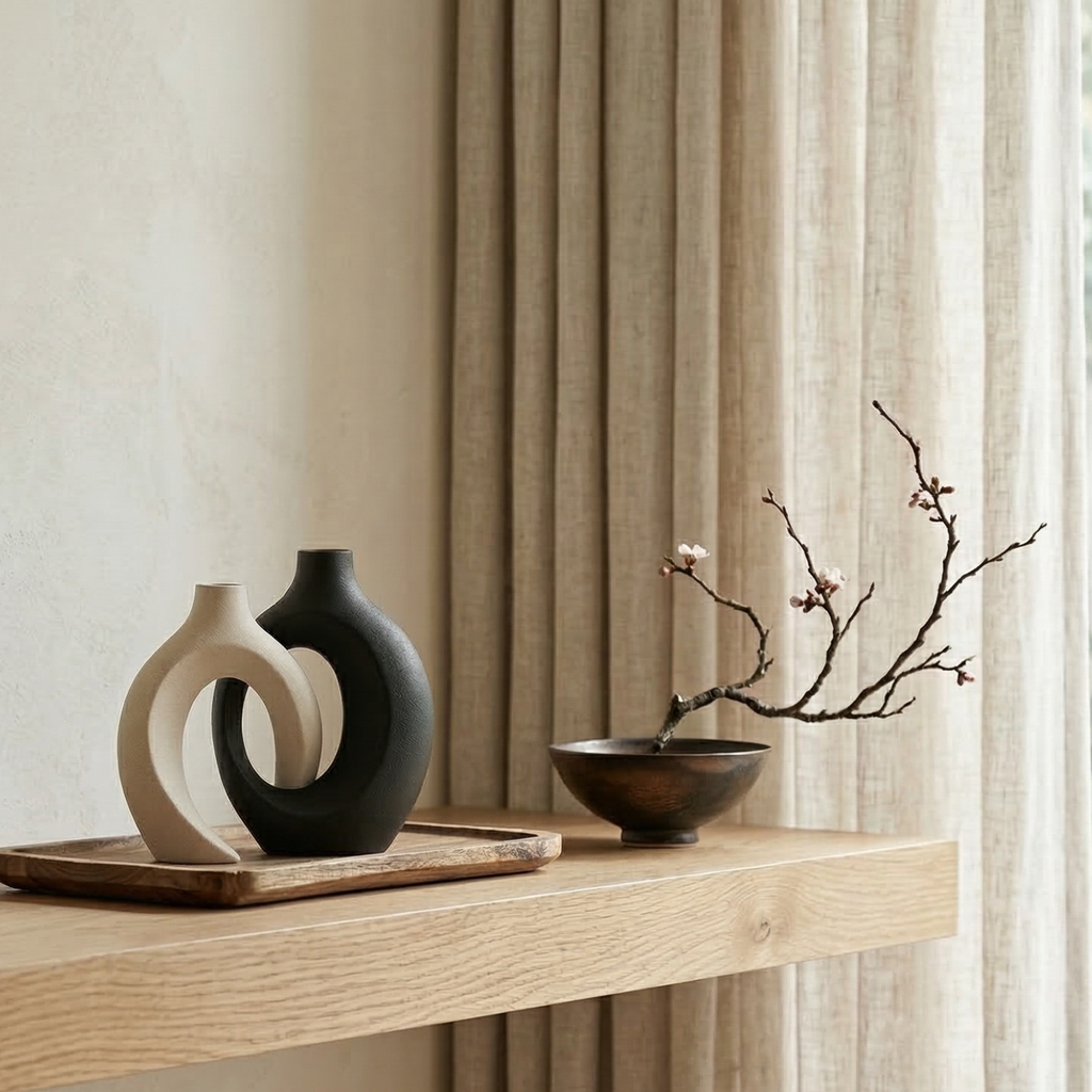 Set of 2 hollow resin vases in pearl and black with interlocking oval cutouts