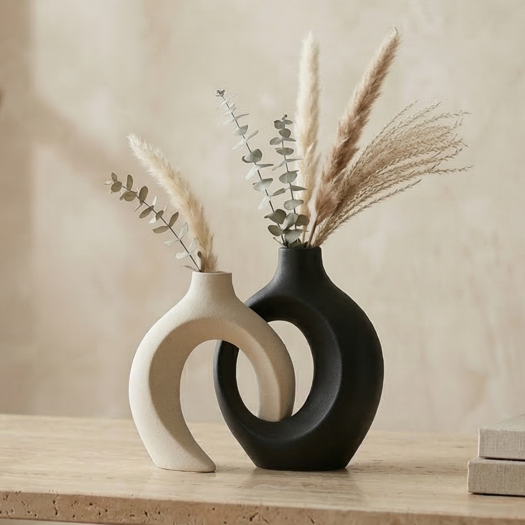 Pair of hollow resin vases, pearl and black, with interlocking oval cutouts