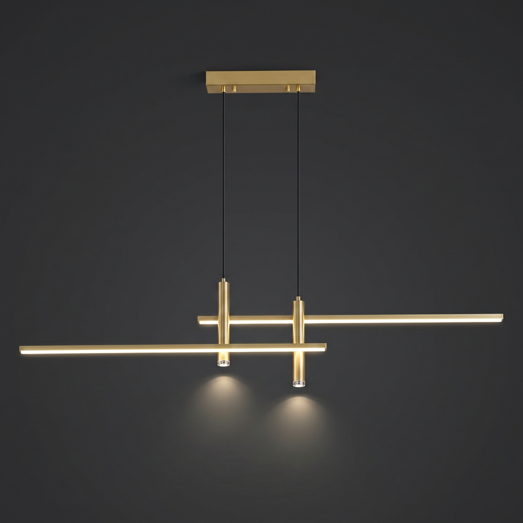 Nordic linear LED chandelier, gold finish with cross-style glowing bars and vertical rods