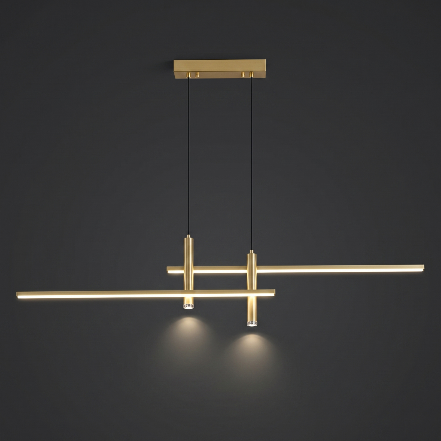 Nordic linear LED chandelier, gold finish with cross-style glowing bars and vertical rods