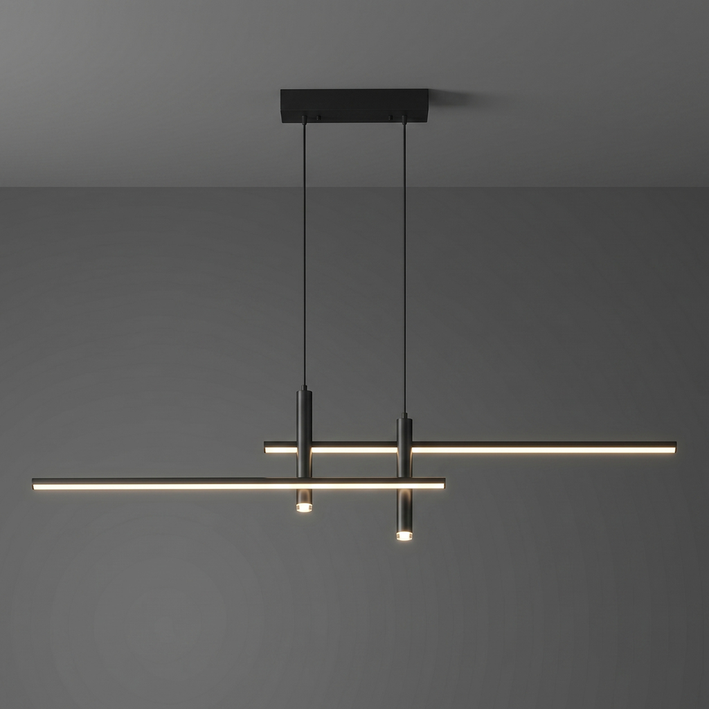 Nordic linear LED chandelier, black finish with long horizontal bars and three light points