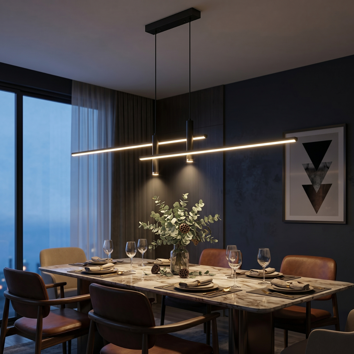 Nordic Linear LED Chandelier | Modern Minimalist Bar Pendant Light | Black or Gold | Dining Room Kitchen Island Office Ceiling Light