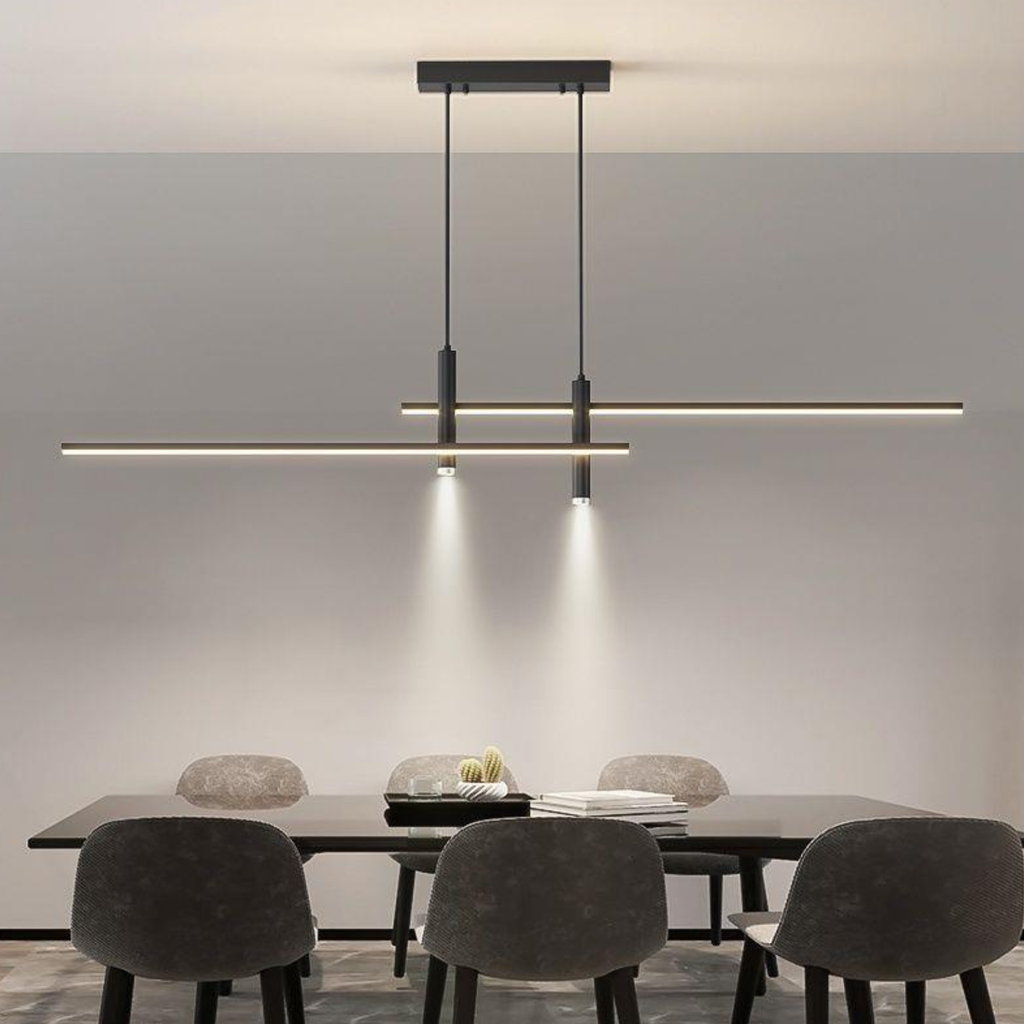 Nordic linear LED chandelier, black finish with cross-style bar lights and two pendant drops
