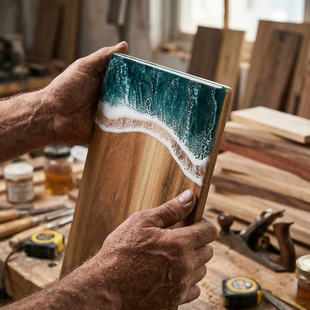 Wooden cutting board with ocean design held by a person in a workshop.