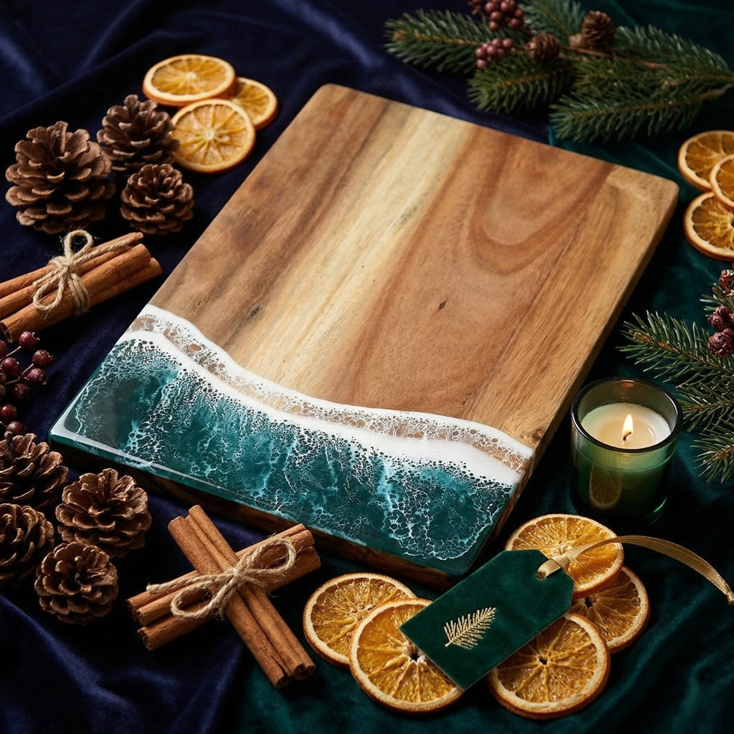 Wooden cutting board with blue resin edge on a festive background with oranges, pine cones, and cinnamon sticks.
