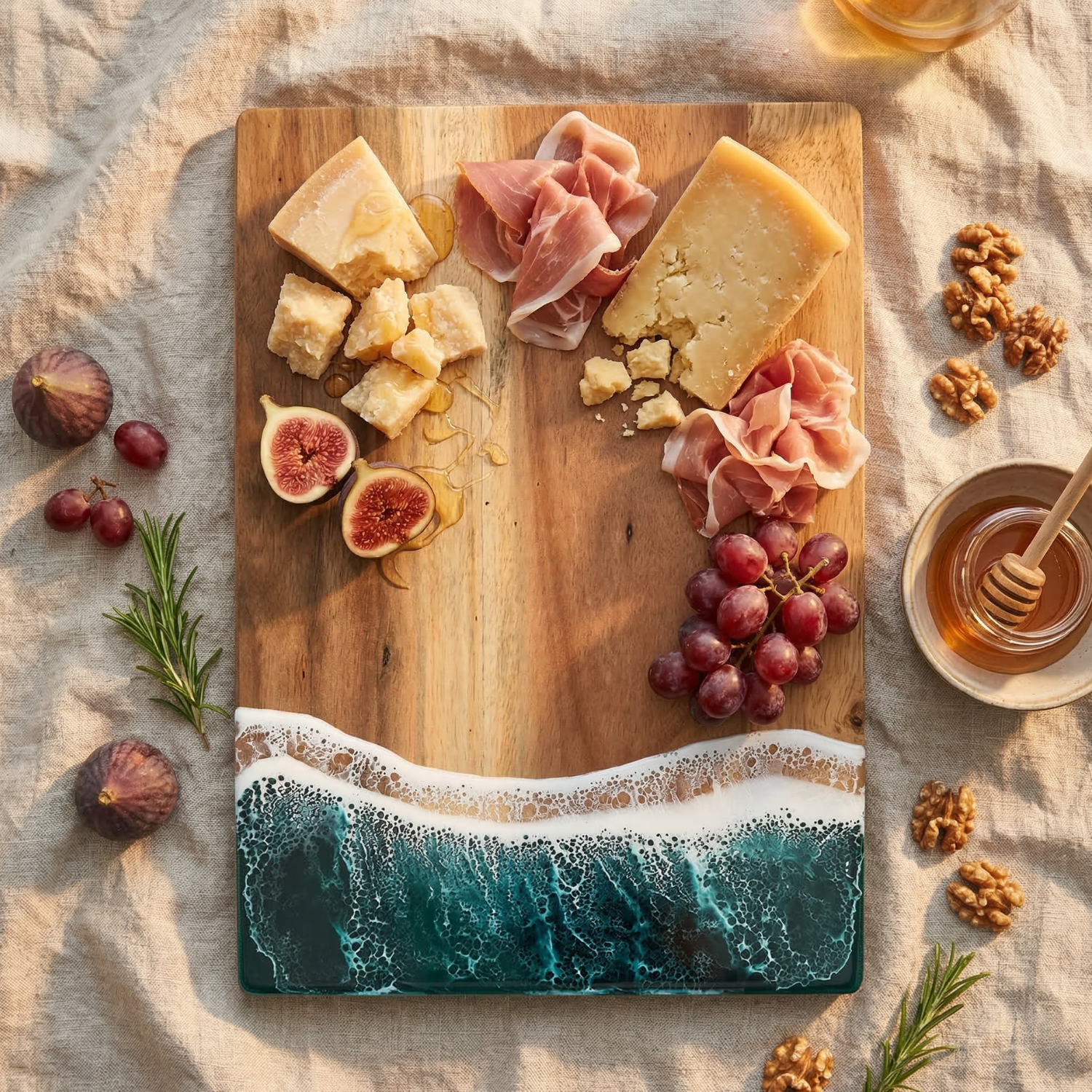 Ocean Wave Acacia Wood & Resin Cutting Board | Charcuterie Serving Board | Modern Kitchen Decor Gift