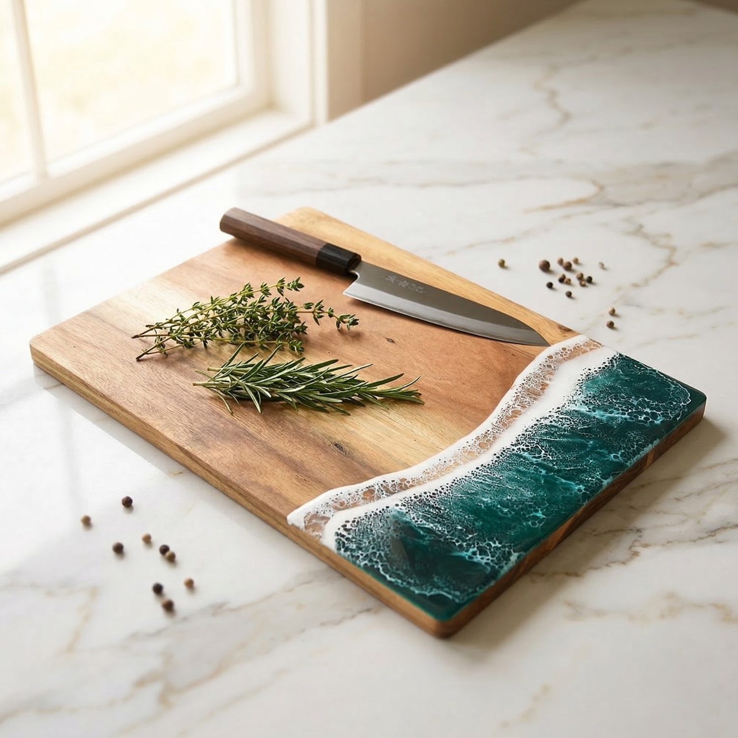 Ocean Wave Acacia Wood & Resin Cutting Board | Charcuterie Serving Board | Modern Kitchen Decor Gift