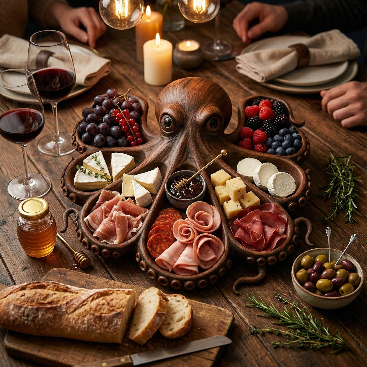 Octopus Charcuterie Board – Solid Wood Coastal Serving Tray for Cheese, Meat & Fruit | Nautical Beach House Snack Platter