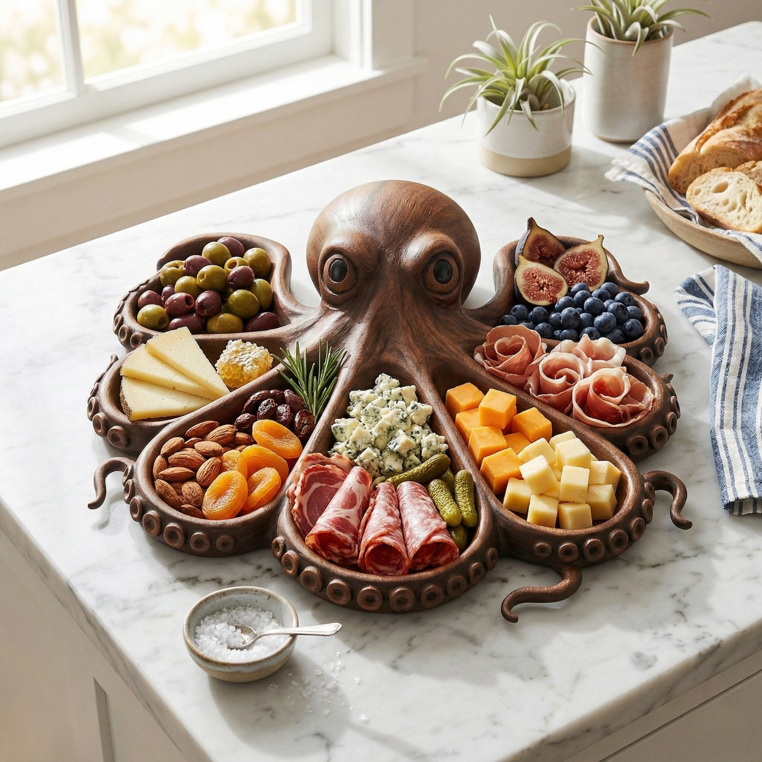 Octopus Charcuterie Board – Solid Wood Coastal Serving Tray for Cheese, Meat & Fruit | Nautical Beach House Snack Platter