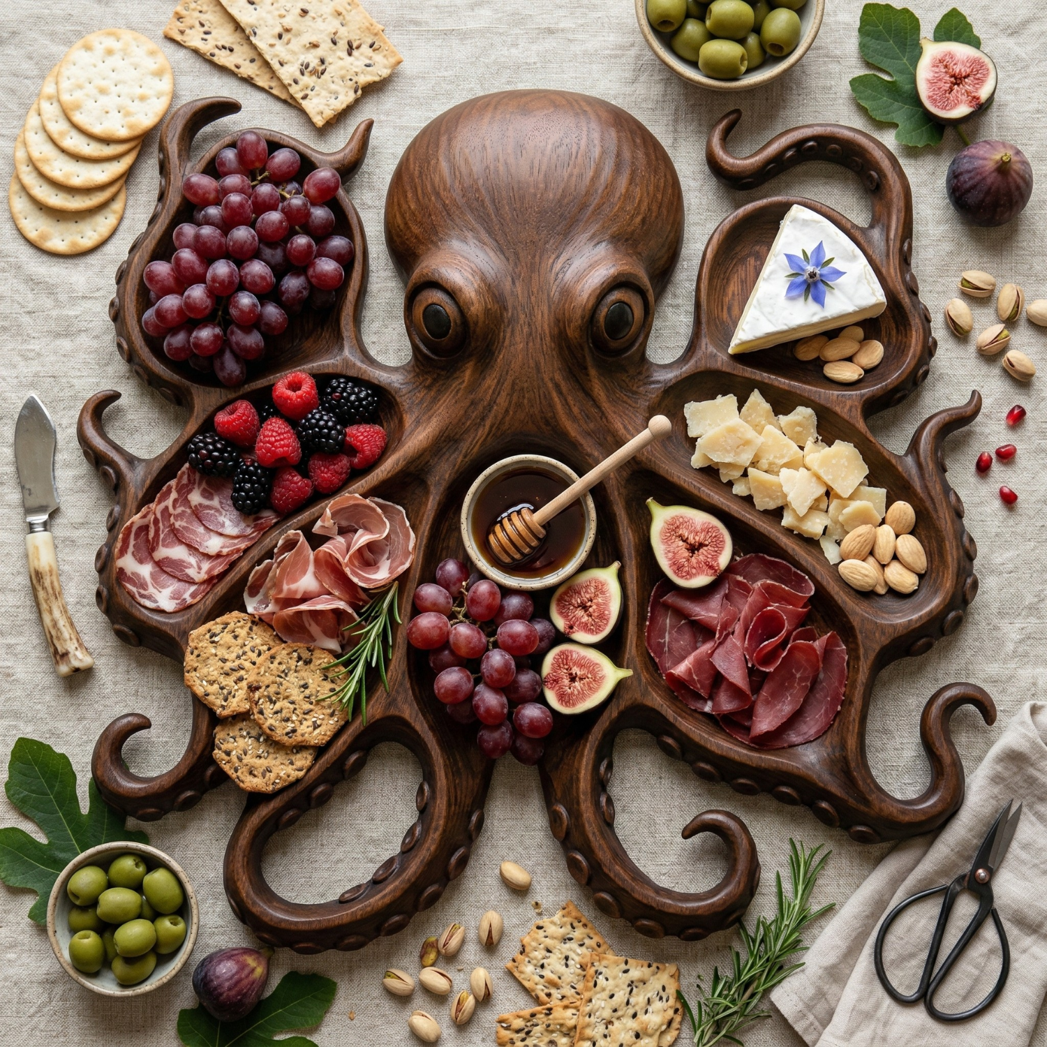 Octopus Charcuterie Board – Solid Wood Coastal Serving Tray for Cheese, Meat & Fruit | Nautical Beach House Snack Platter