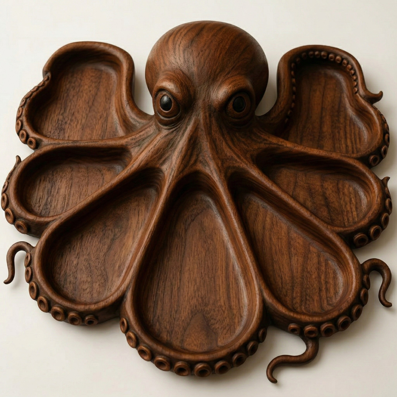 Octopus charcuterie board front view with carved wooden wells and tentacle legs