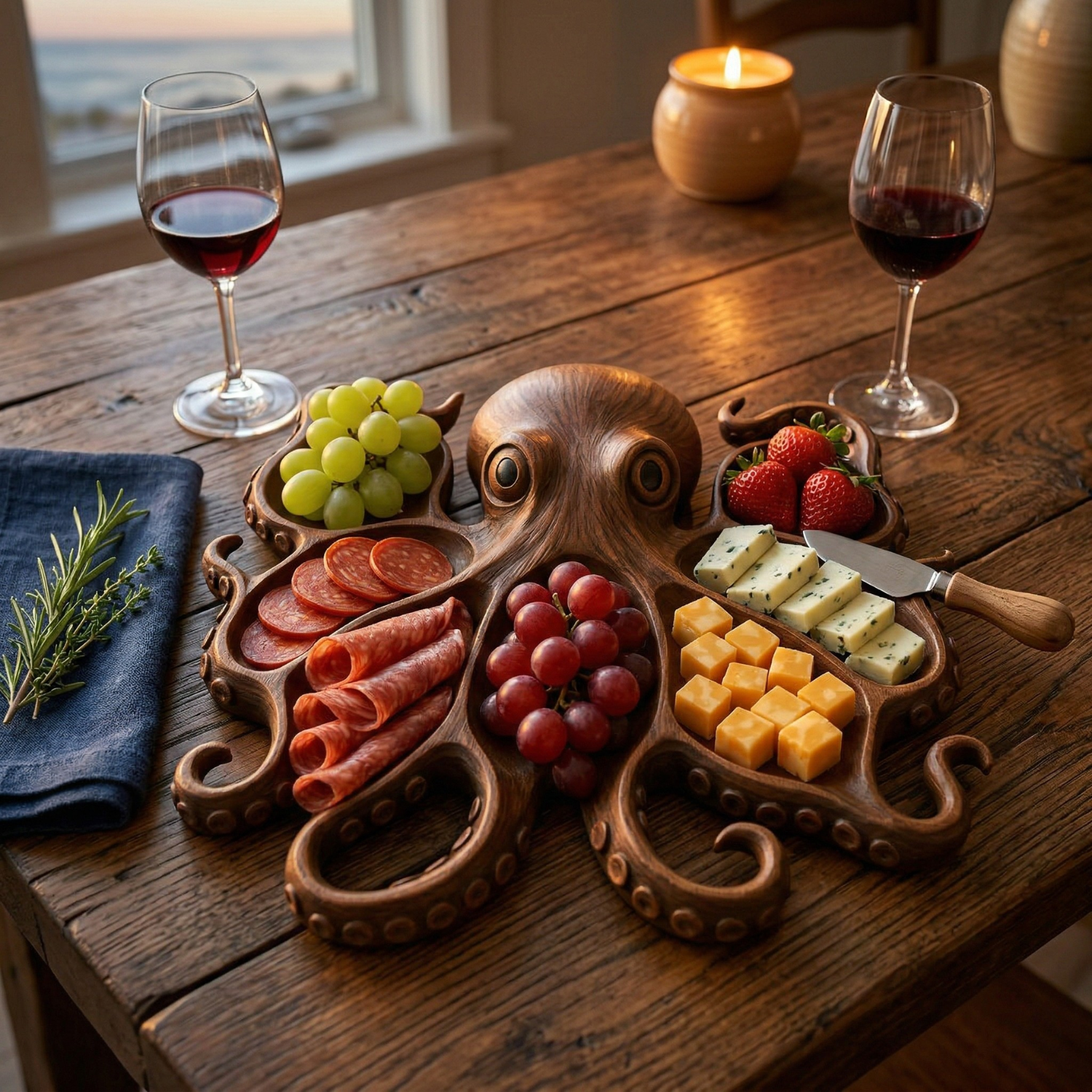 Octopus Charcuterie Board – Solid Wood Coastal Serving Tray for Cheese, Meat & Fruit | Nautical Beach House Snack Platter