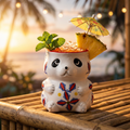 Cute panda tiki mug, 560ml ceramic cup with blue floral pattern and leaf umbrella