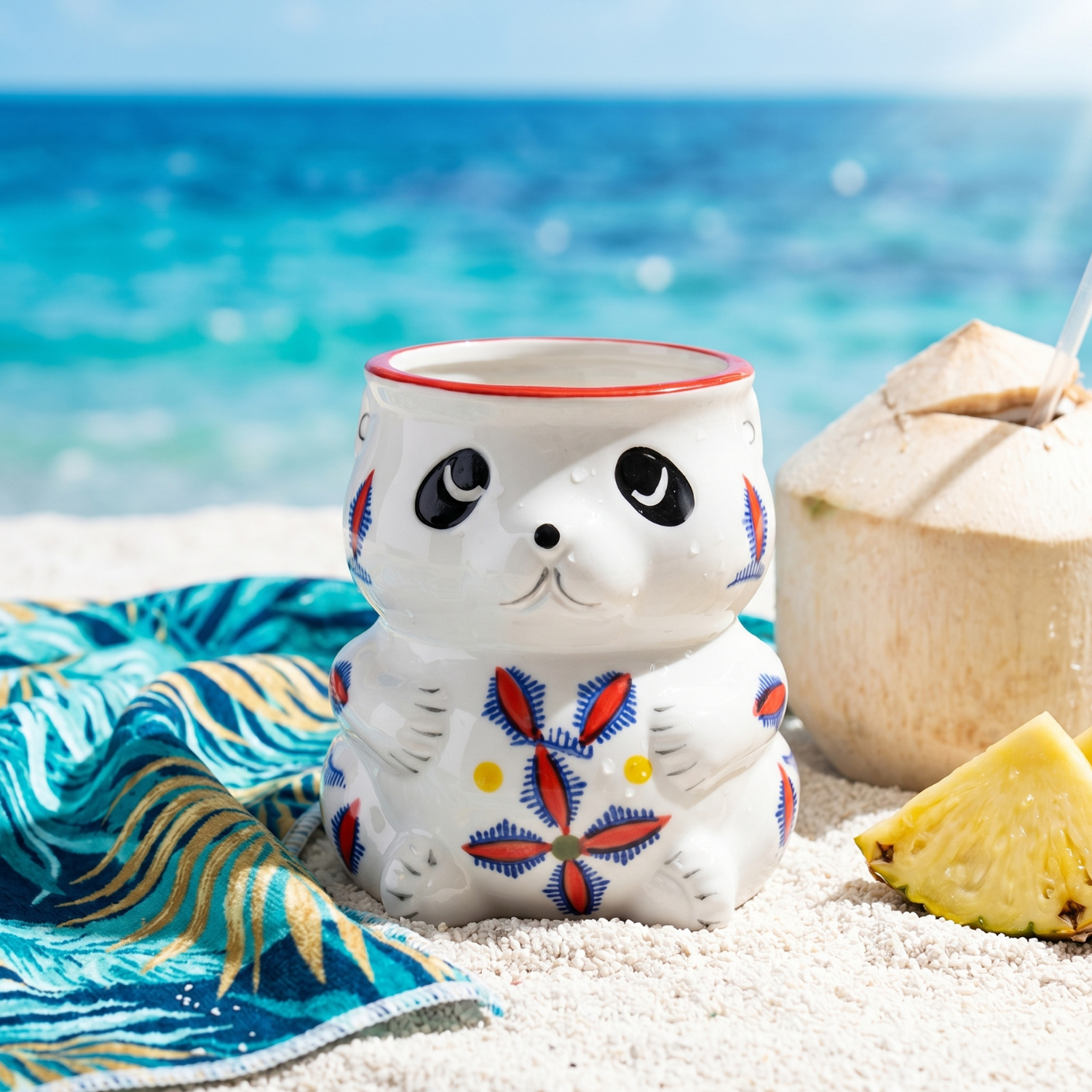 White panda tiki mug on sand with pineapple slice and straw, blue floral paint details