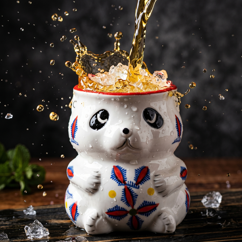 Panda tiki cocktail mug with pour over top, frosted ice and hand-painted blue flower