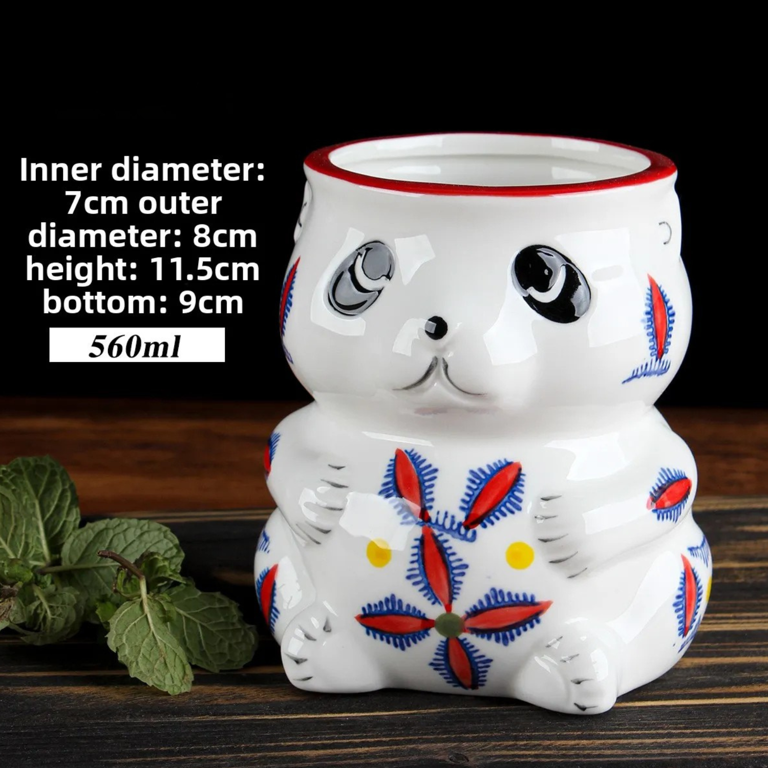 Panda tiki mug size info: 560ml; inner Ø7cm, outer Ø8cm, height 11.5cm, base 9cm