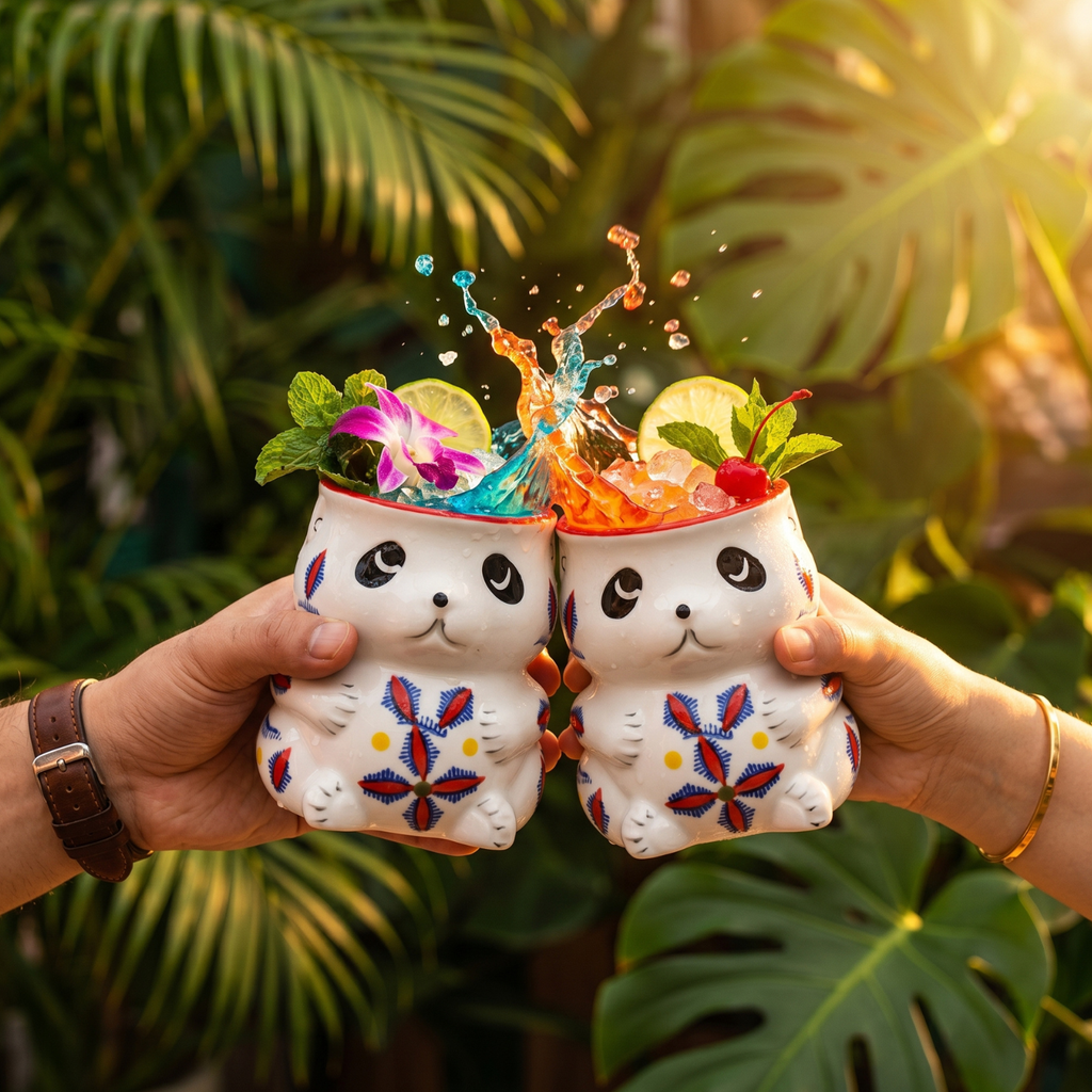 Pair of panda tiki mugs held in hands, white ceramic with blue/red floral design