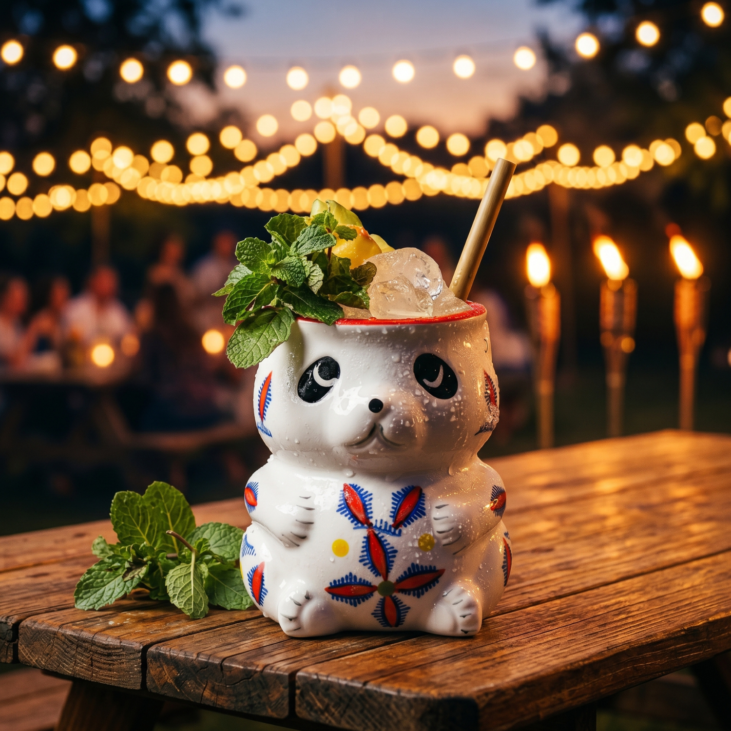 Panda tiki mug with straw and mint garnish, white ceramic with blue flower pattern