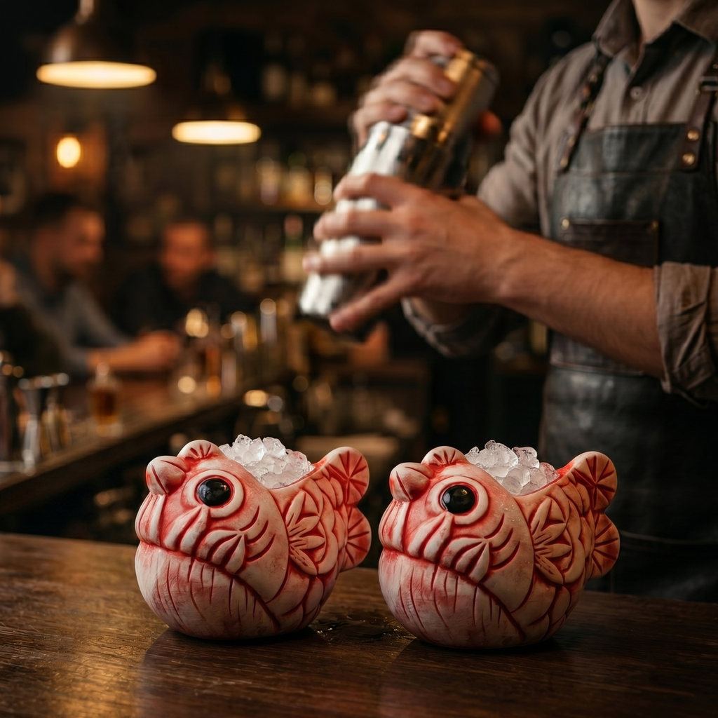 Pair of red-and-white fish tiki mugs for cocktails with ice