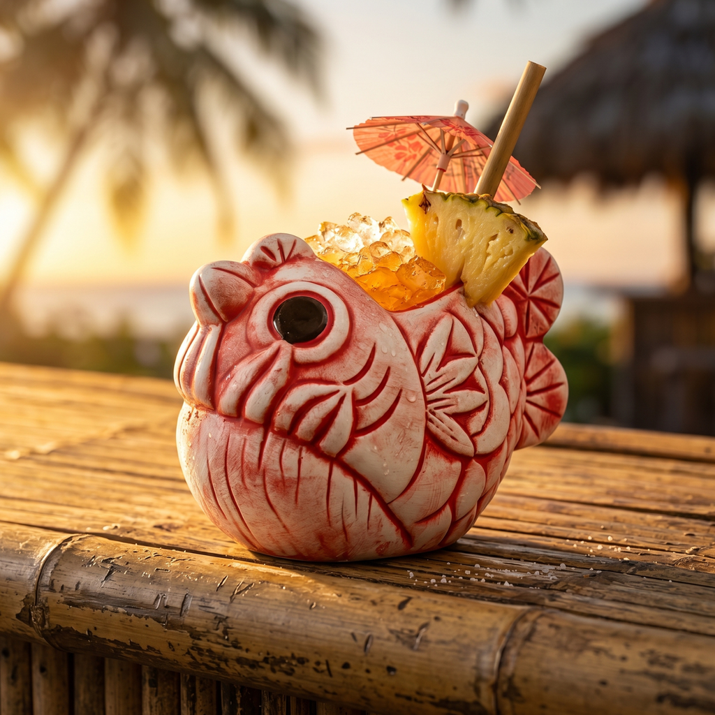Ceramic fish tiki mug with straw and sliced fruit garnish on top